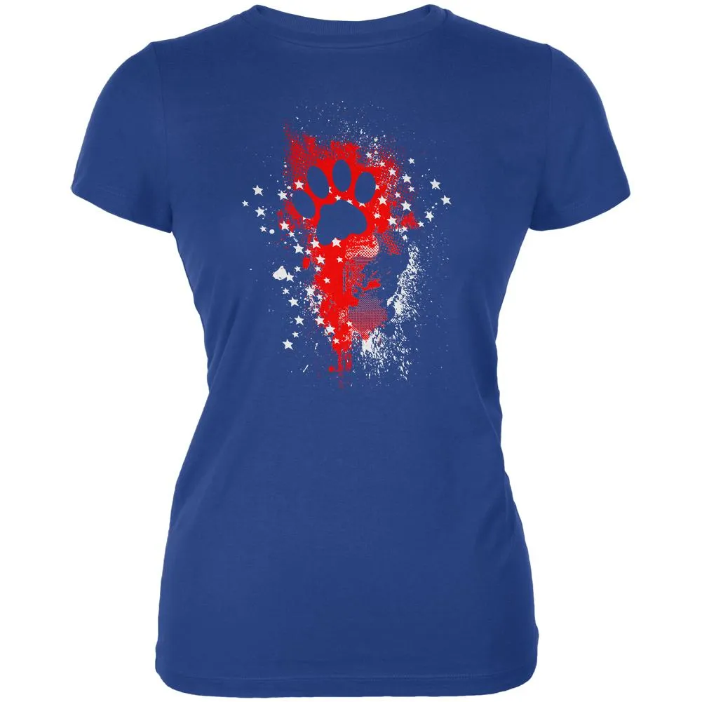 4th of July Kitty Cat Paw Print Stars and Splatters Juniors Soft T Shirt