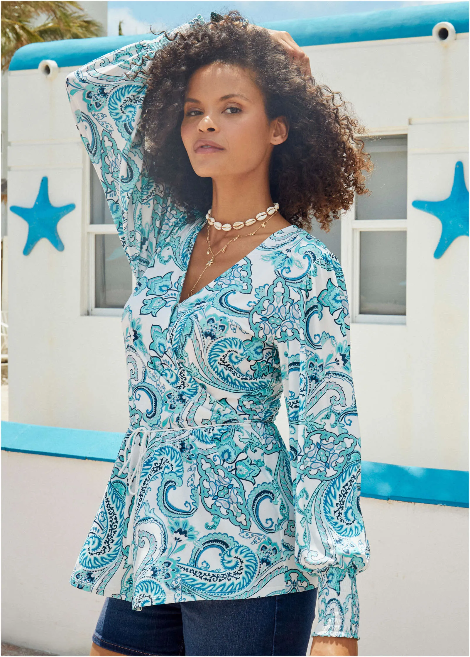 Balloon Sleeve Wrap Front Top - Blue Paisley With Border