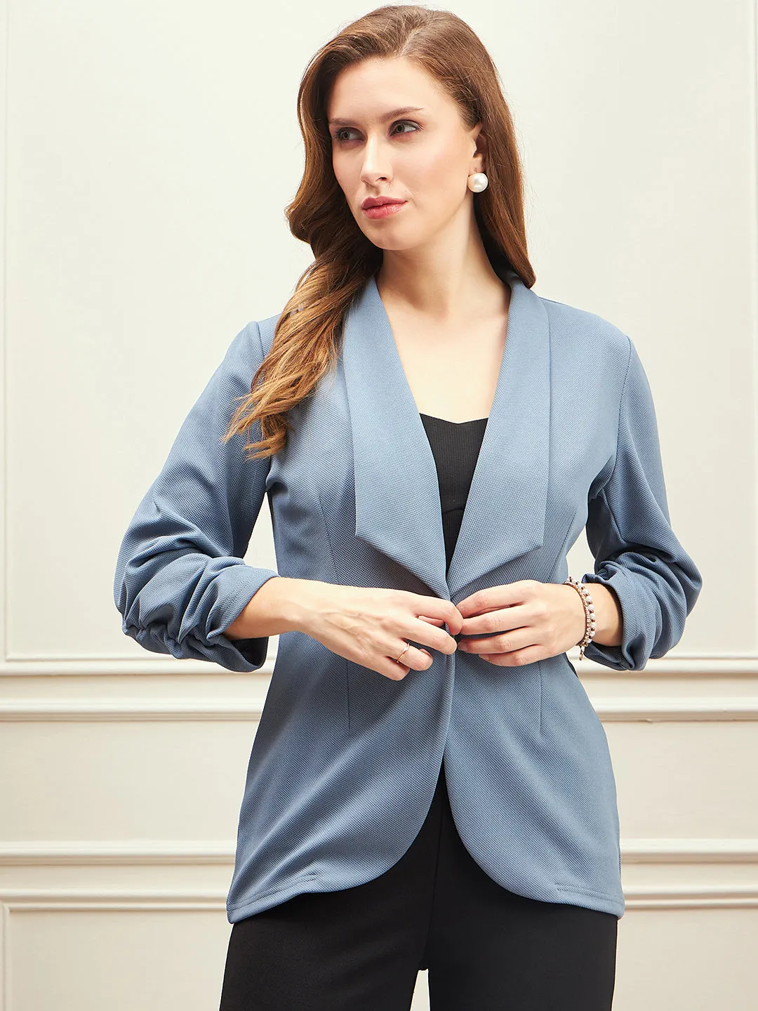 Berrylush BIZwear Women Solid Blue Shawl Collar Neck Ruched Cuff Single Button Tailored Regular Blazer