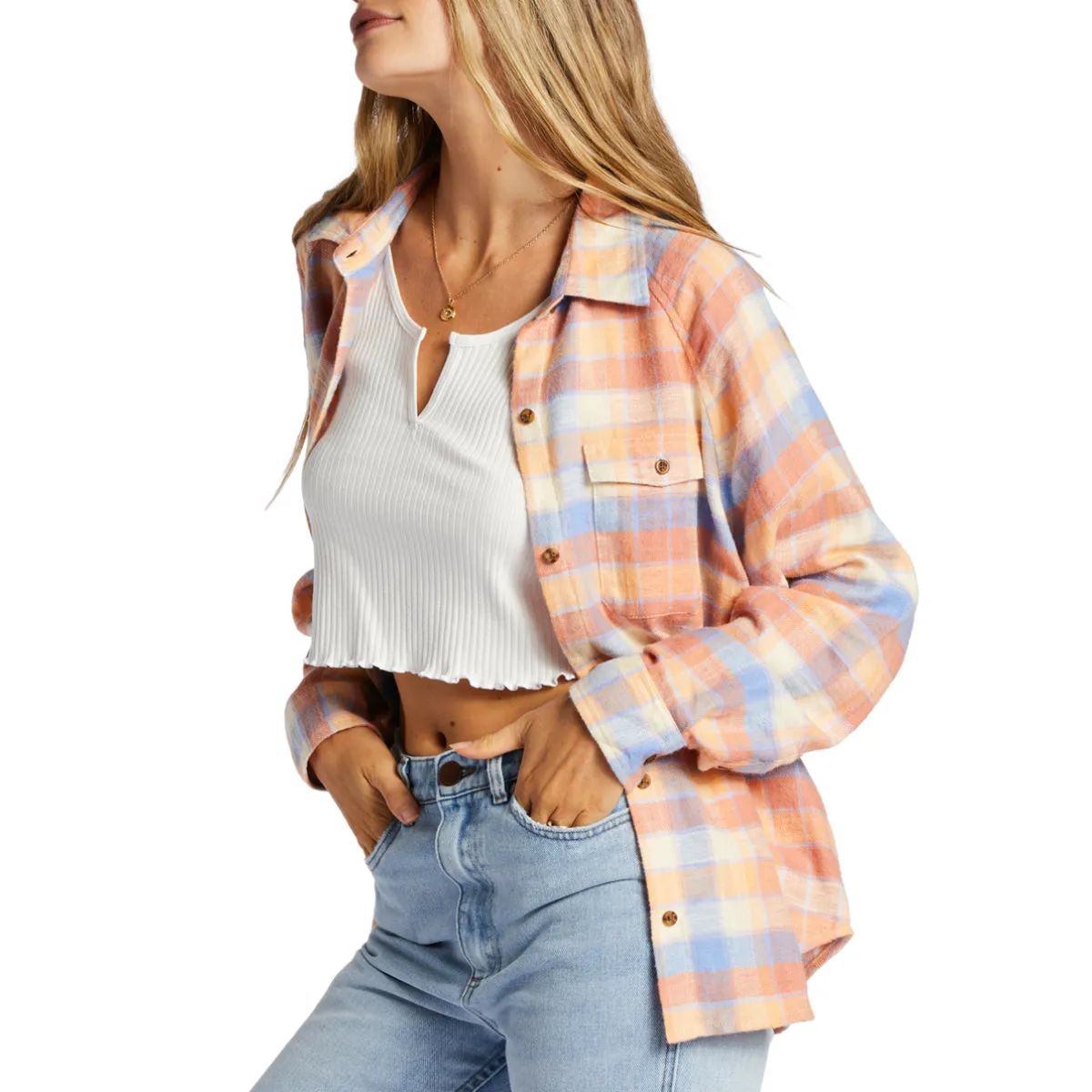 Billabong Women's Best Time Long Sleeve Button-Up Flannel Shirt - Rose Dawn