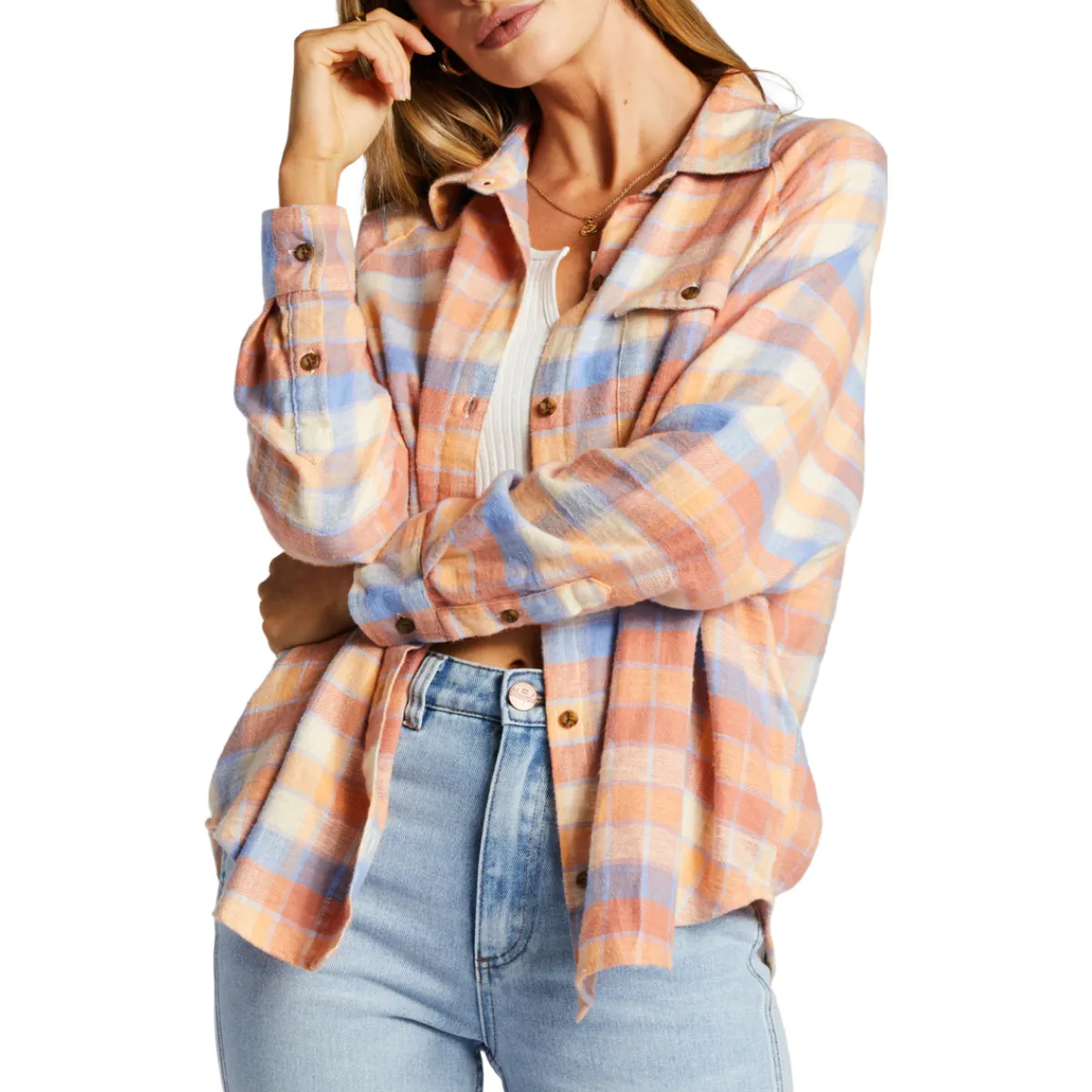 Billabong Women's Best Time Long Sleeve Button-Up Flannel Shirt - Rose Dawn