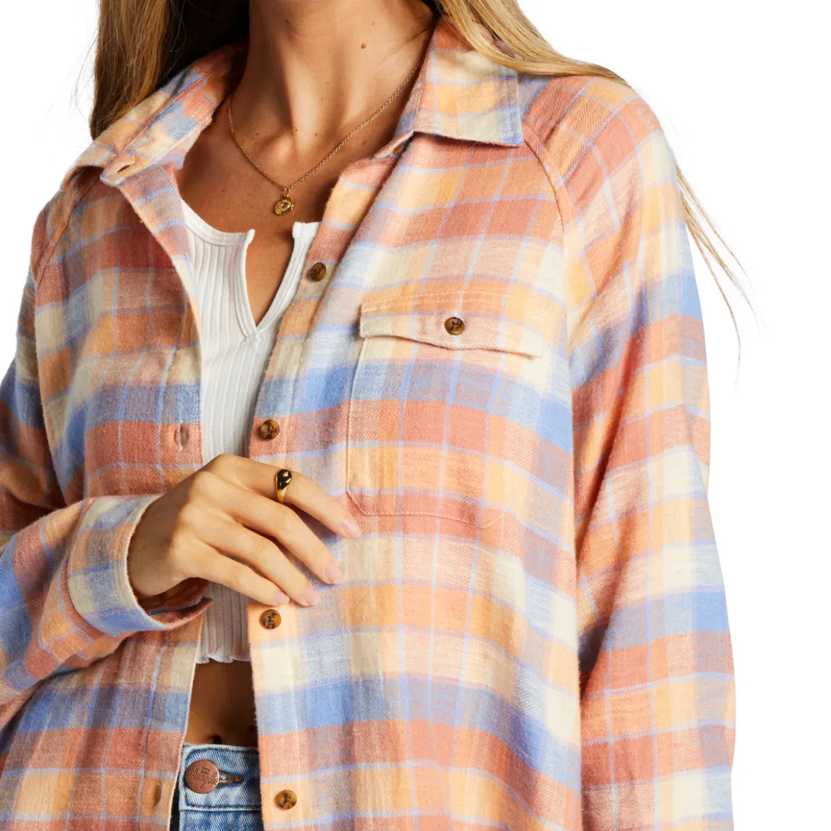 Billabong Women's Best Time Long Sleeve Button-Up Flannel Shirt - Rose Dawn