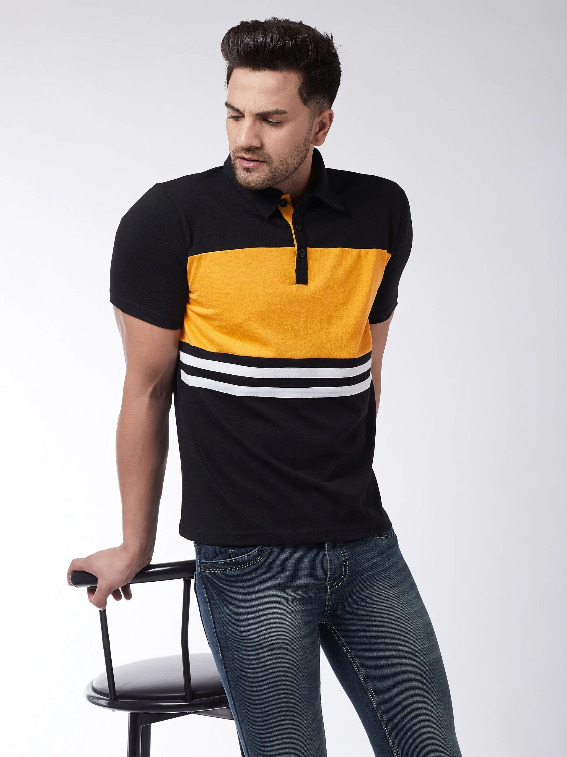 Black/Yellow/White Colorblock Half Sleeves Polo