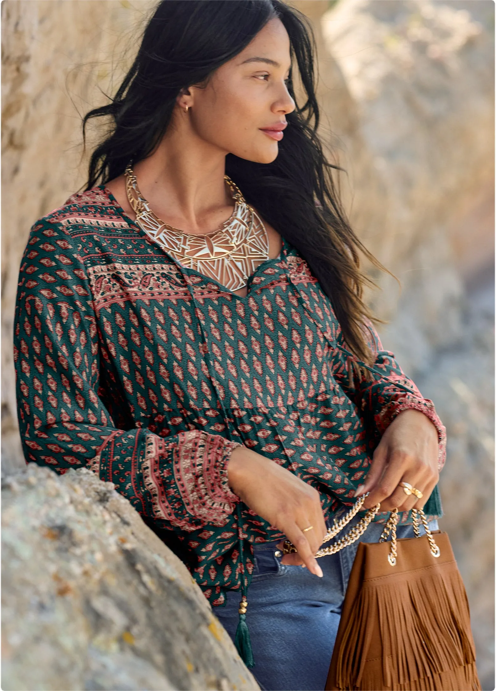 Boho Printed Top - Navy Multi