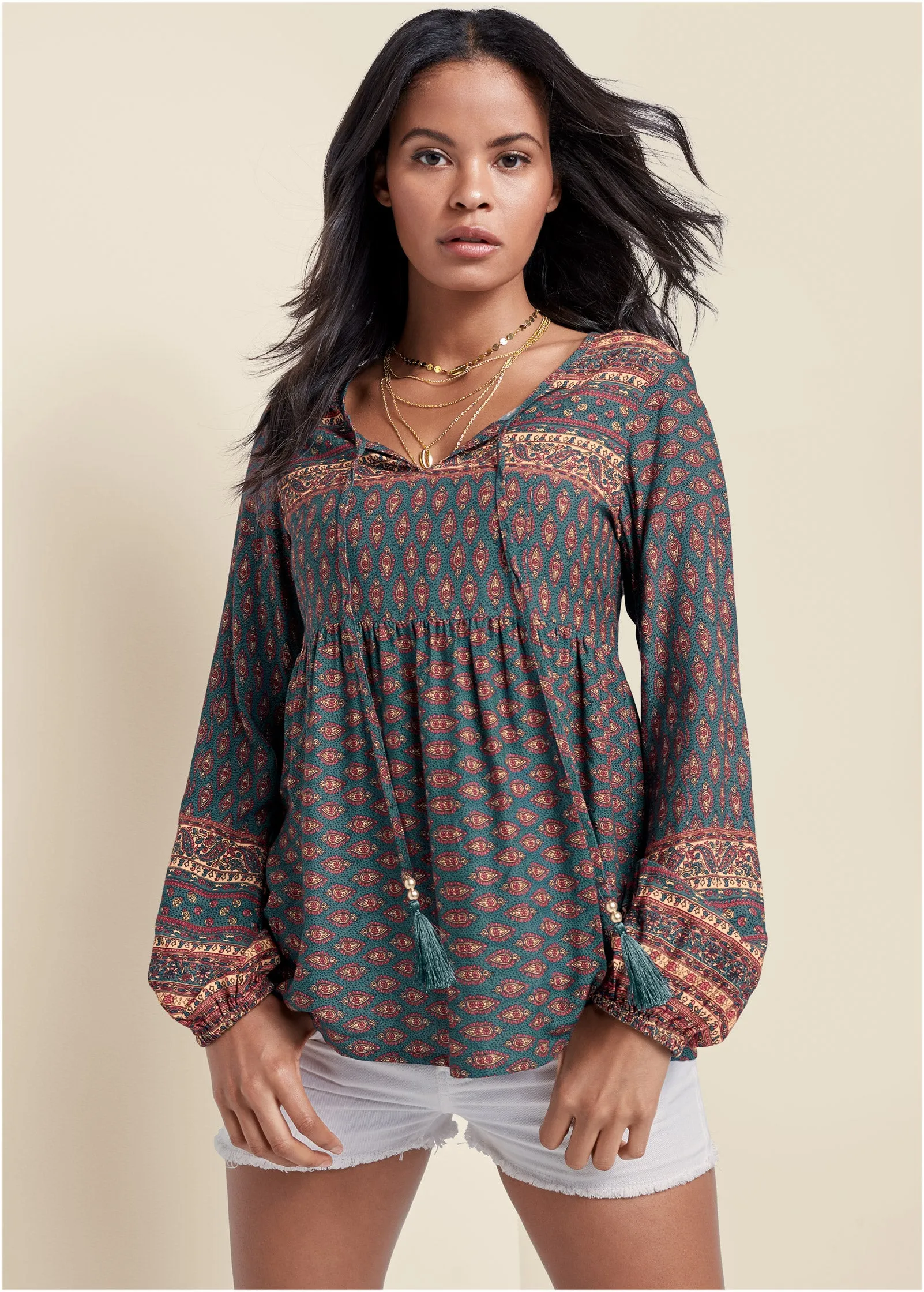 Boho Printed Top - Navy Multi