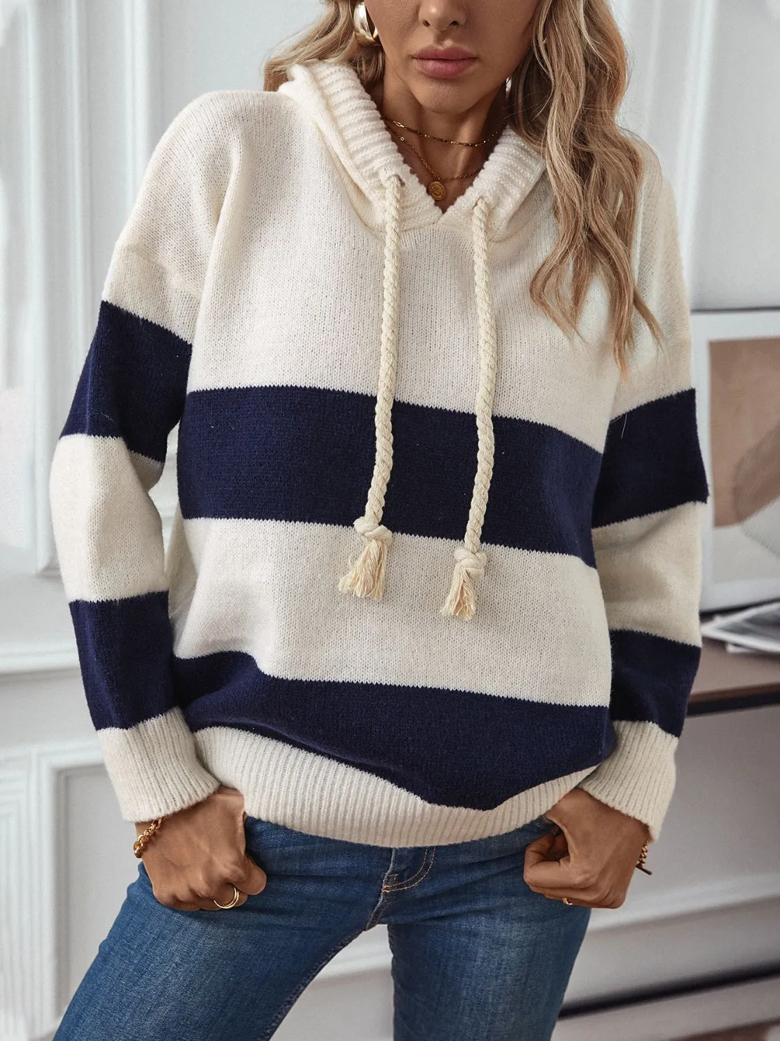 Drawstring Contrast Stripe Dropped Shoulder Hooded Sweater Women's Fashion Pink and Blue