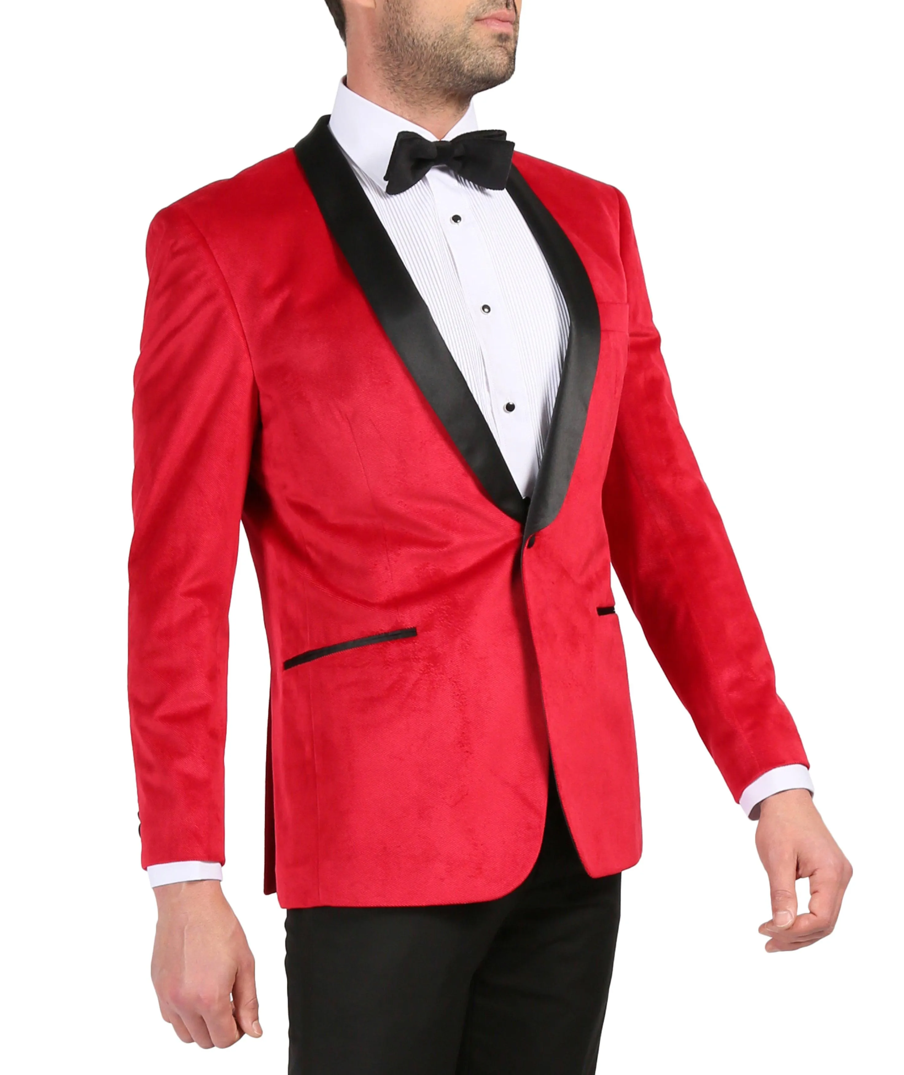 Enzo Red Slim Fit Velvet Shawl Tuxedo Blazer