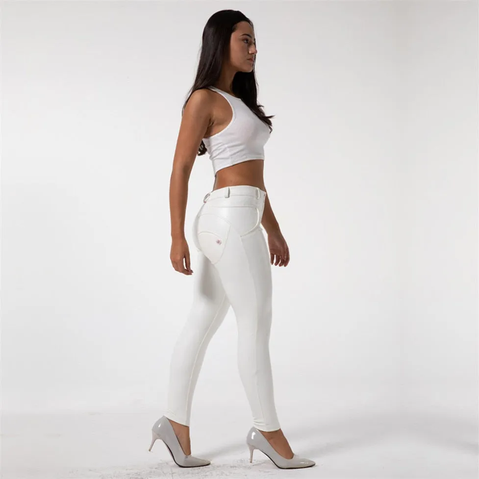 Faux Leather Leggings White Fleece Lined Jeggings Ladies Winter Women's Warm Push Up  Casual Pants