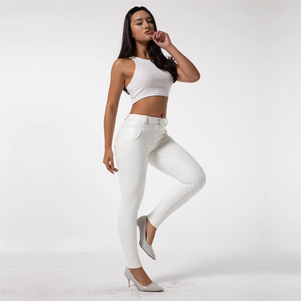 Faux Leather Leggings White Fleece Lined Jeggings Ladies Winter Women's Warm Push Up  Casual Pants