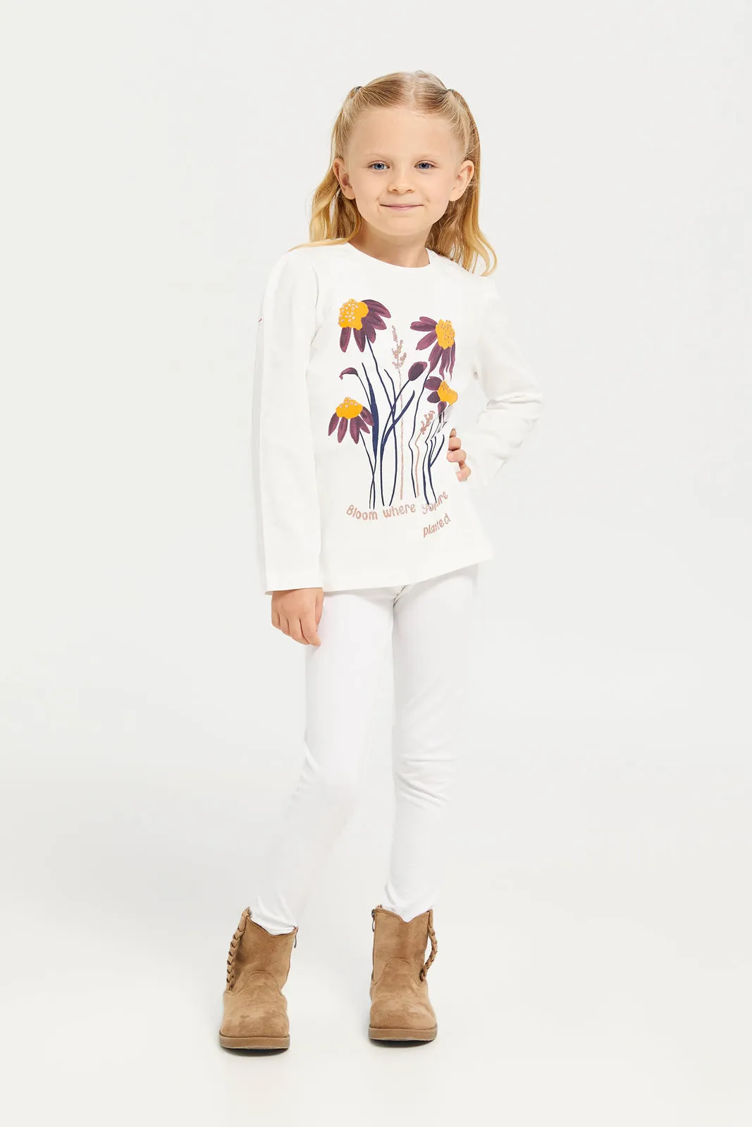 Girls White Flower  Print T-Shirt