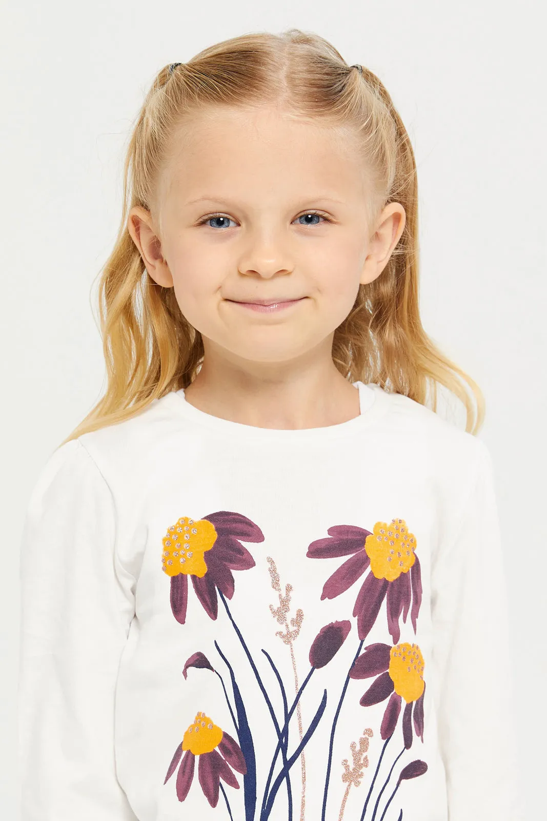 Girls White Flower  Print T-Shirt