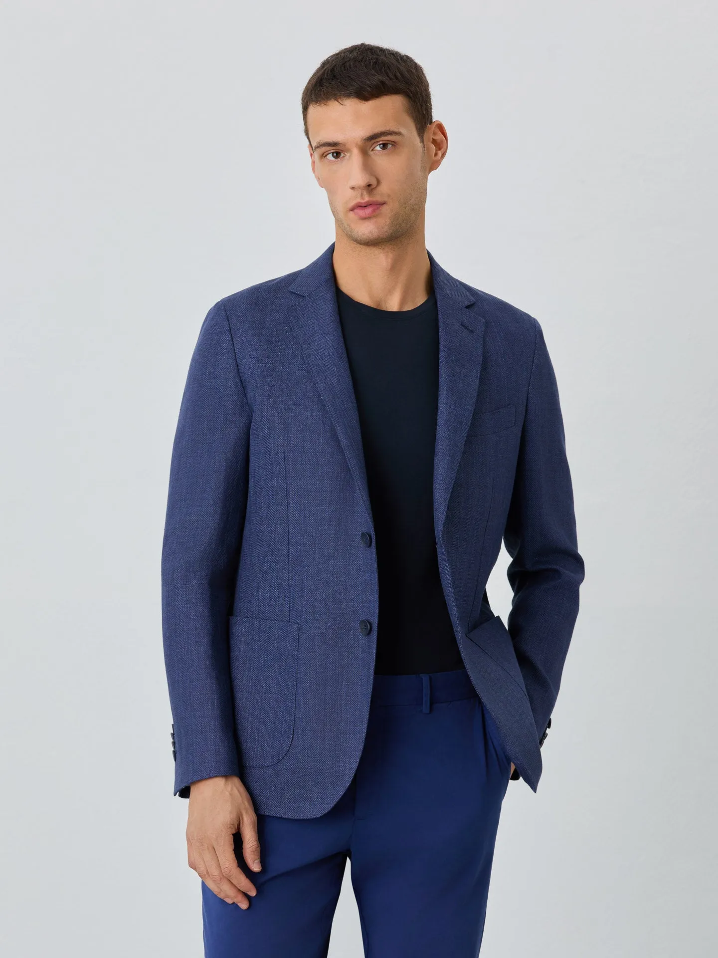 Half-canvas Herringbone Blazer With Flap Pockets In Linen Blend