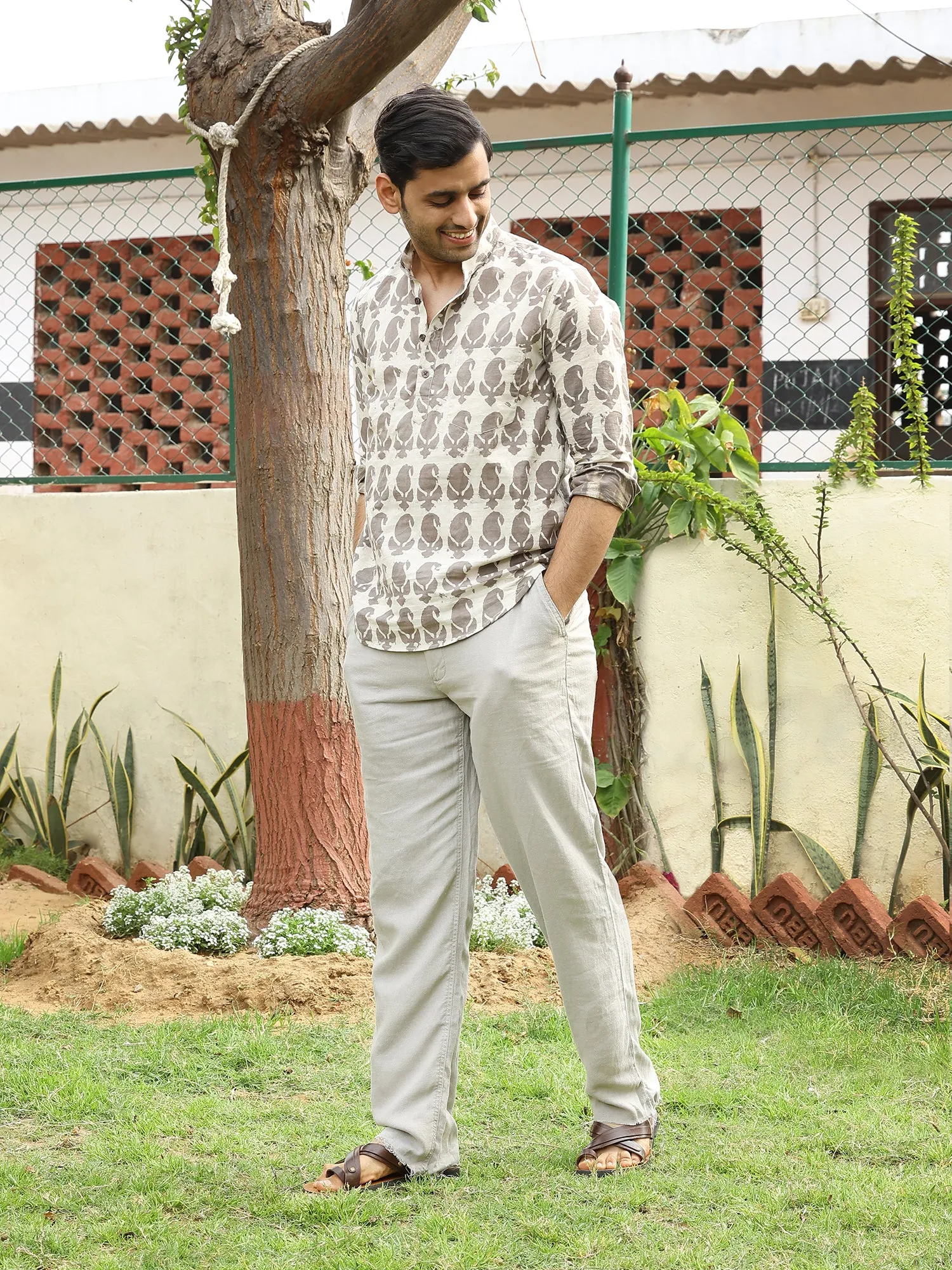 Hand Block Printed Mens Cotton Short Kurta Style Shirt  (Baige)