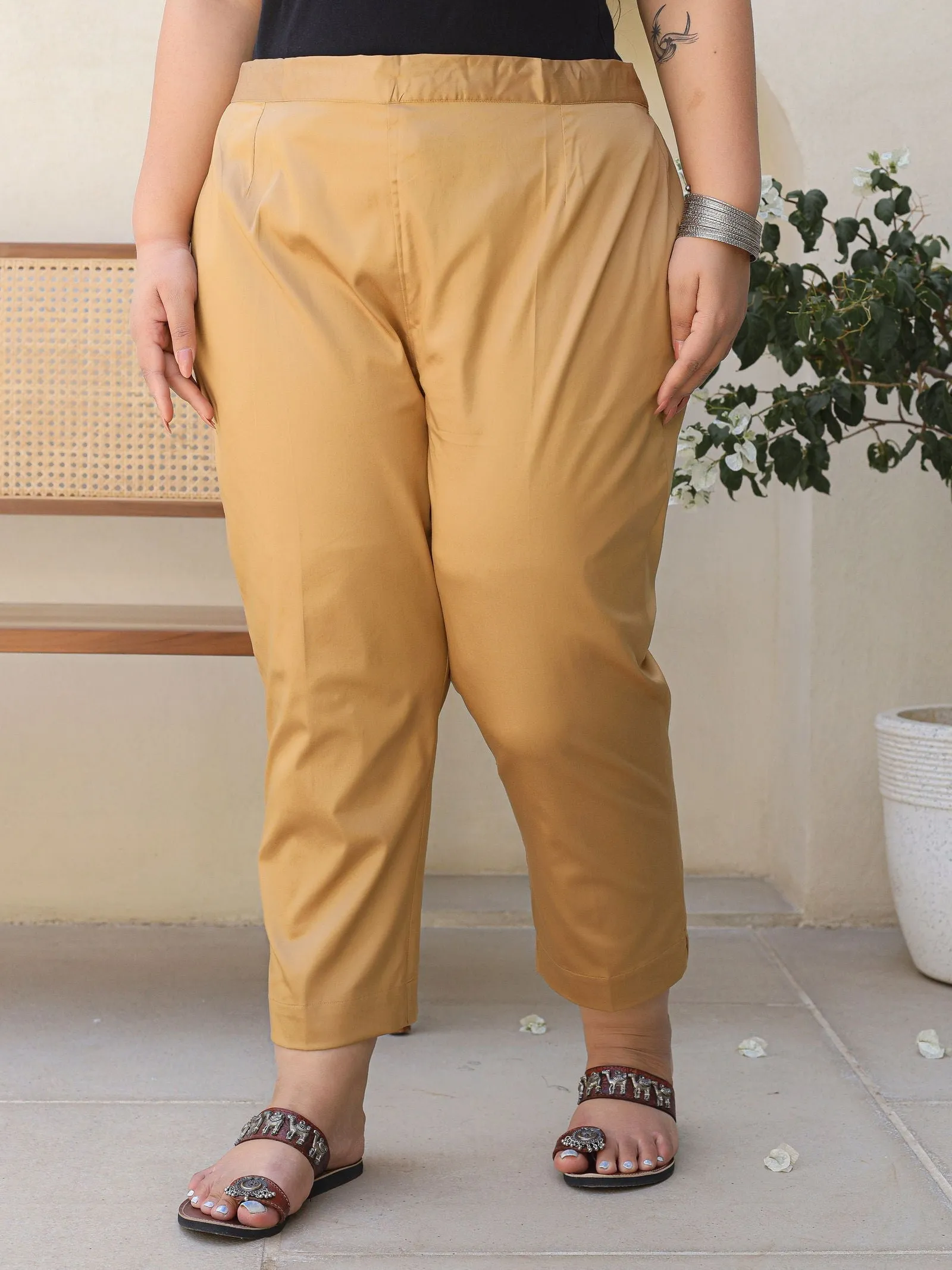 Jashvi Gold Solid Lycra Women Drawstring Plus Size Pants With Single Side Pocket