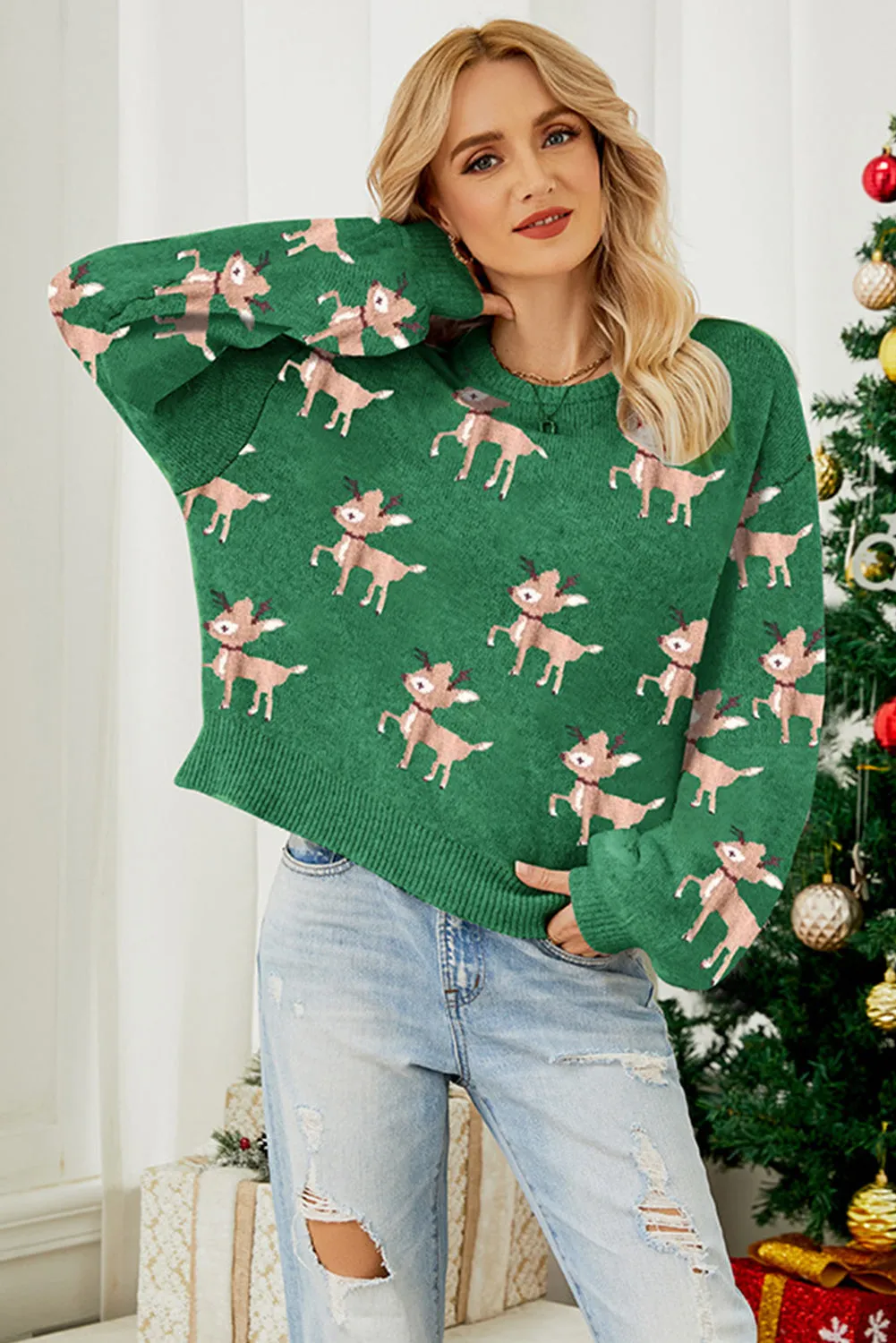 kesley Reindeer Round Neck Drop Shoulder Sweater ugly christmas sweaters