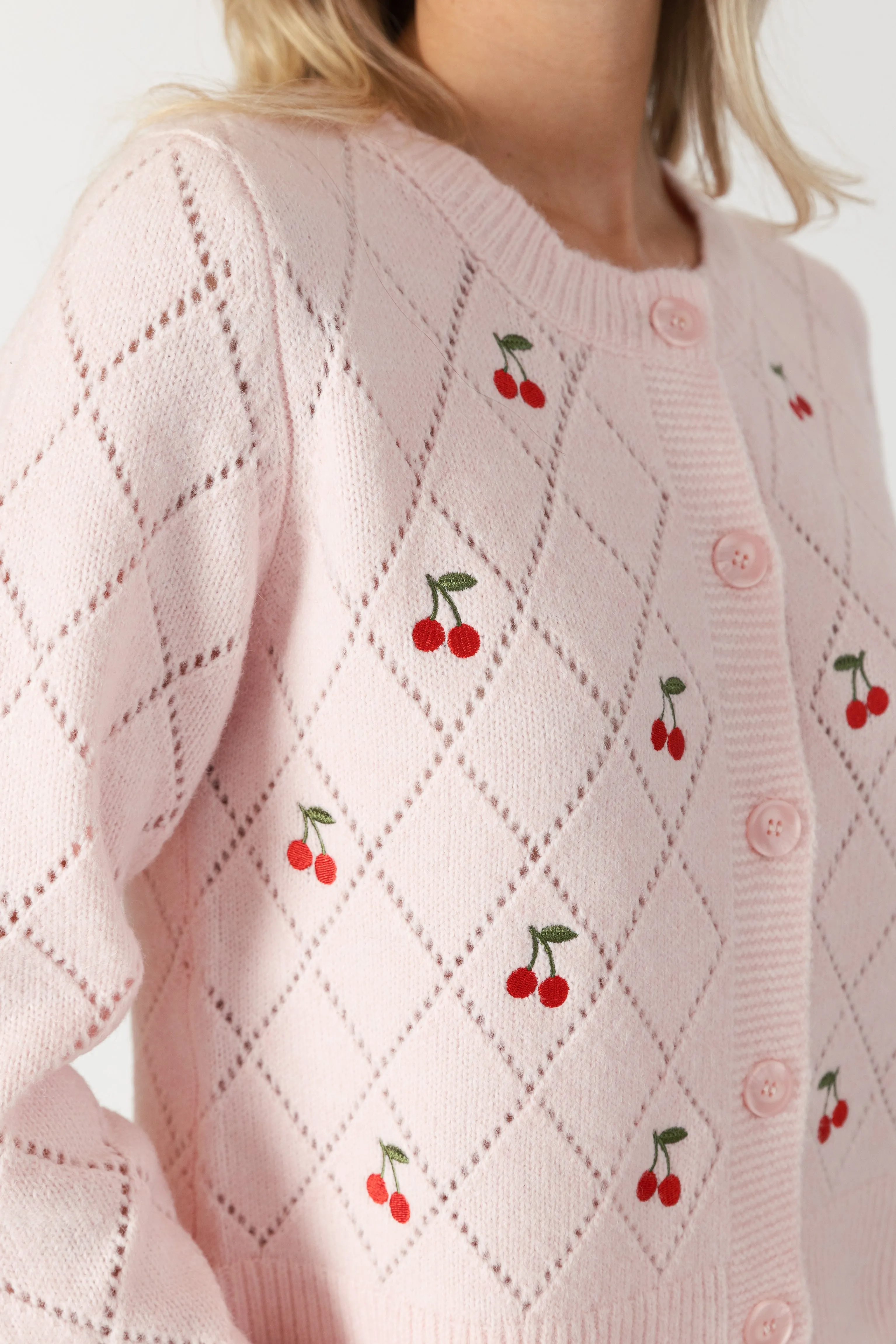 LACEY EMBROIDERED CHERRY CARDIGAN - PINK