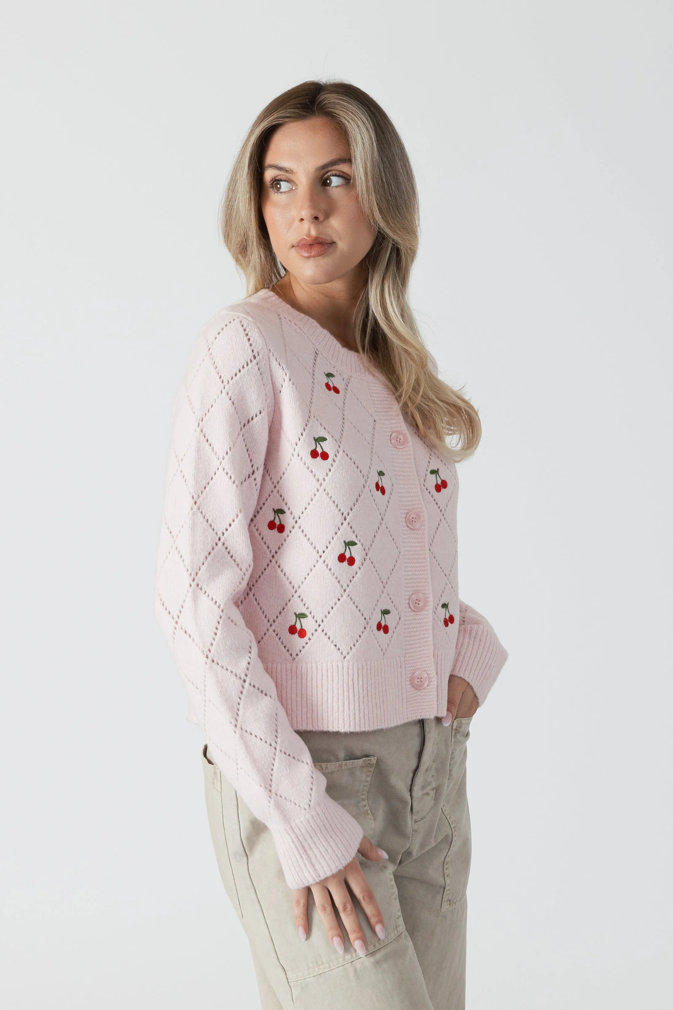 LACEY EMBROIDERED CHERRY CARDIGAN - PINK