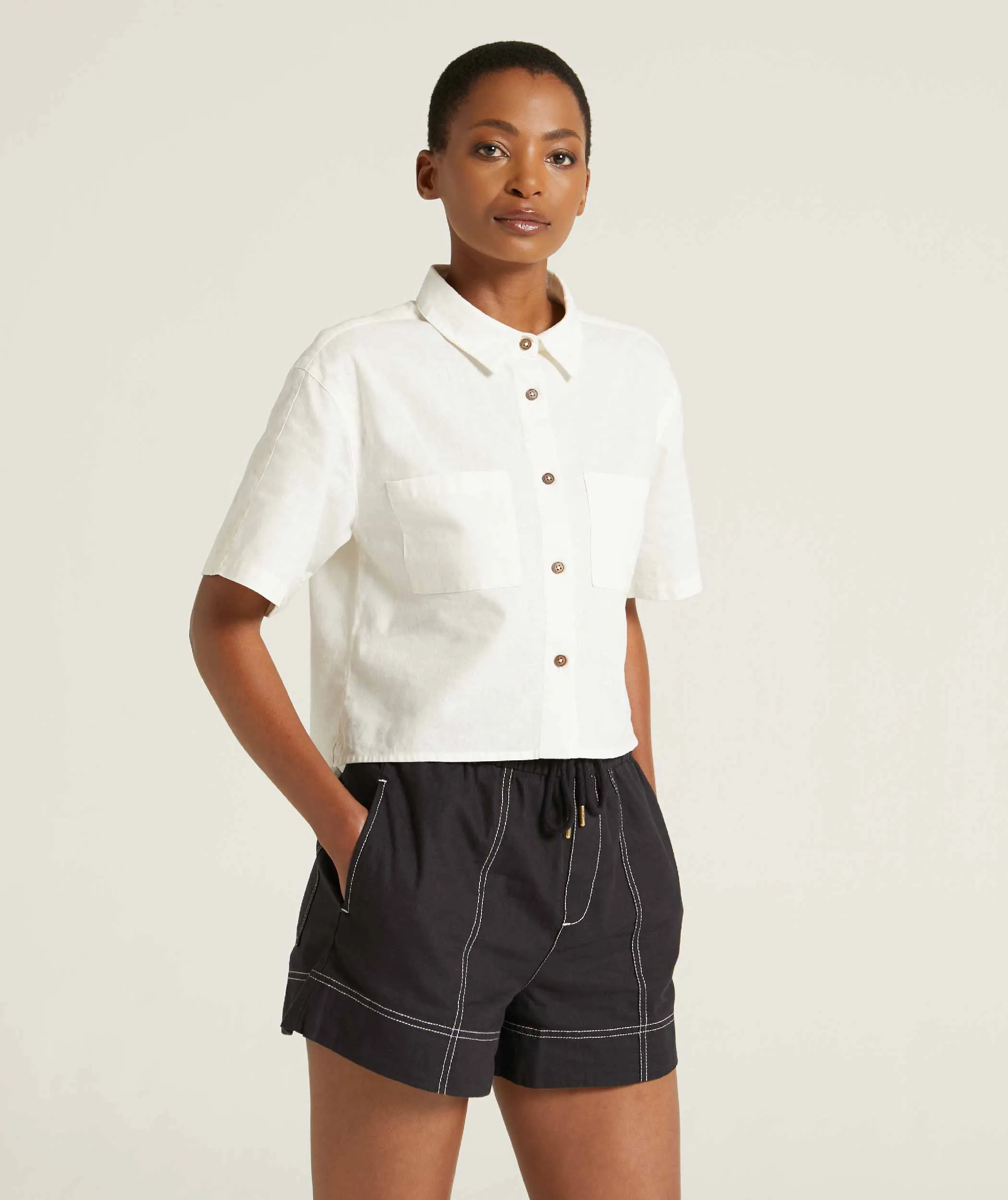 Ladies Linen Blend Short Sleeve Shirt - Soft White