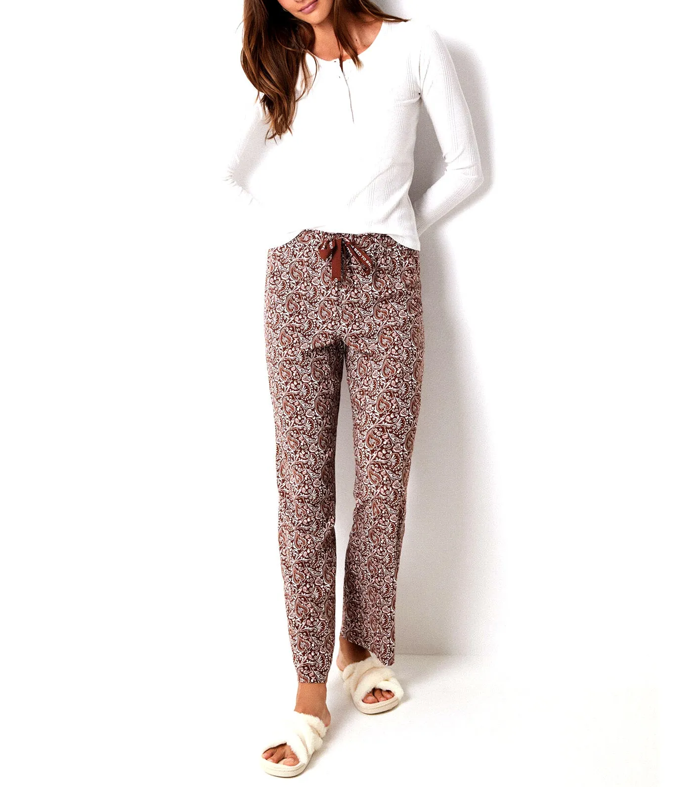 Long Floral Viscose Lounge Trousers Brown