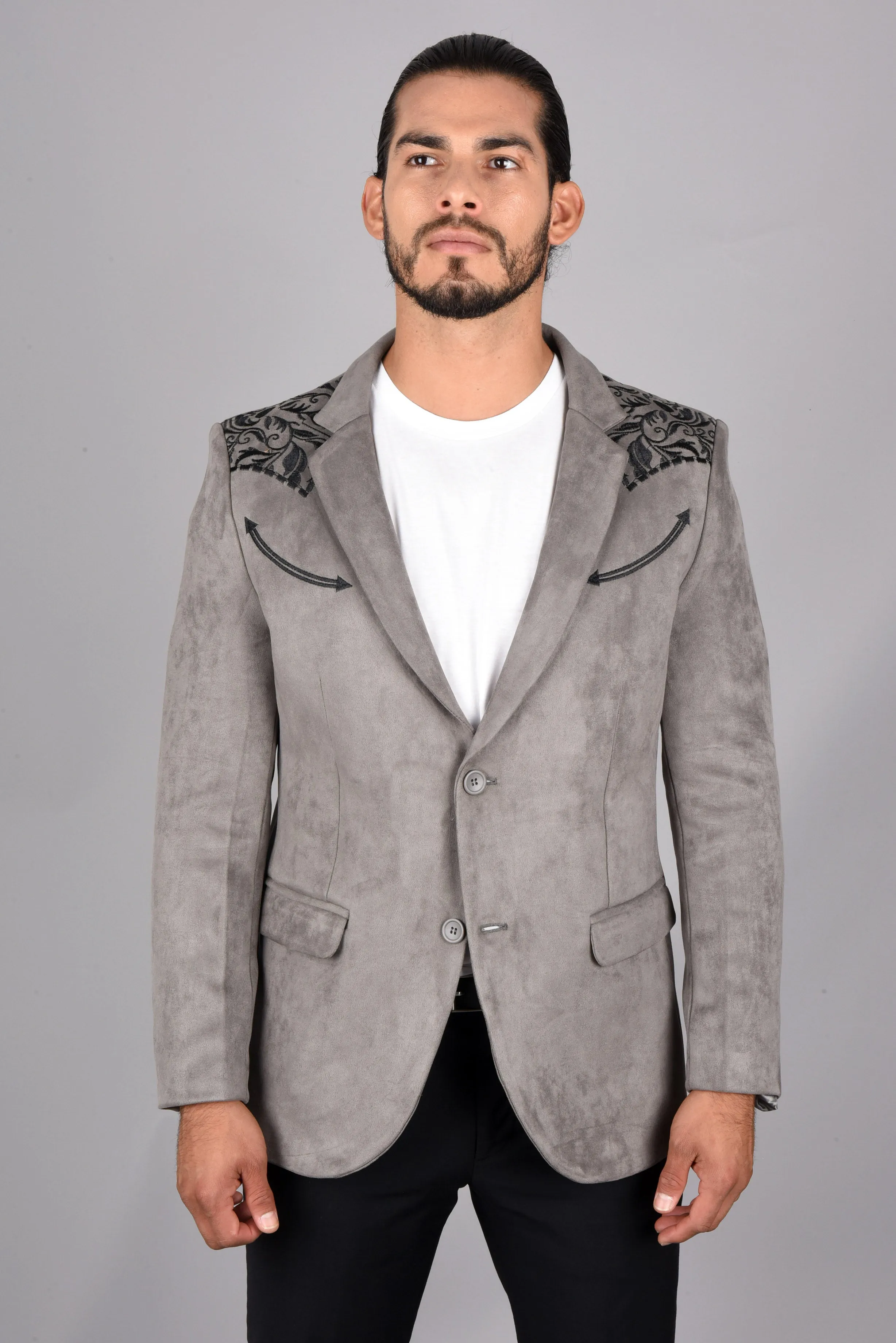 Mens Charm: Double-Buttoned Gray Blazer with Embroidery in Faux-Suede