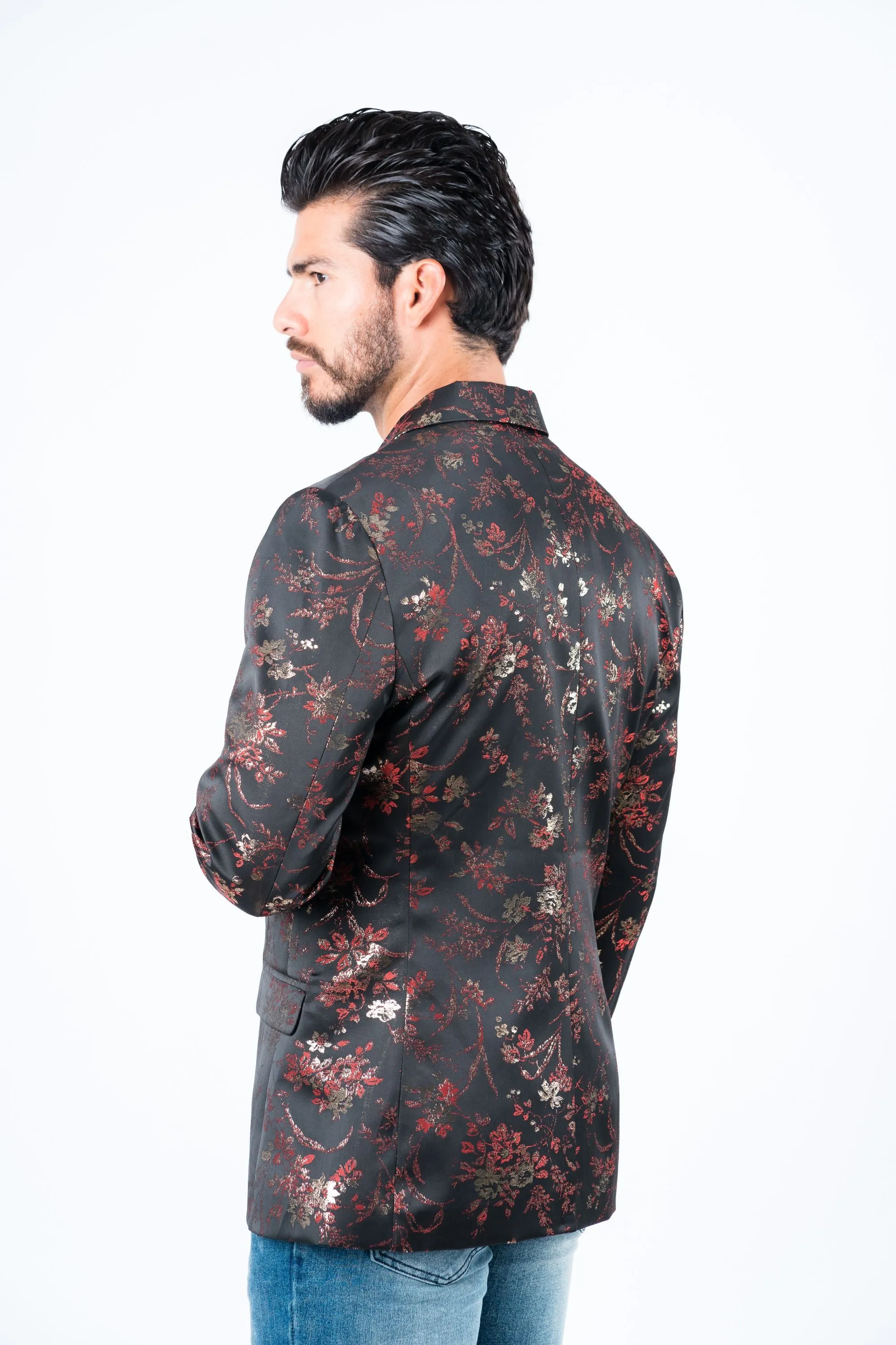 Men's Double Button Red Flowers Print Blazer