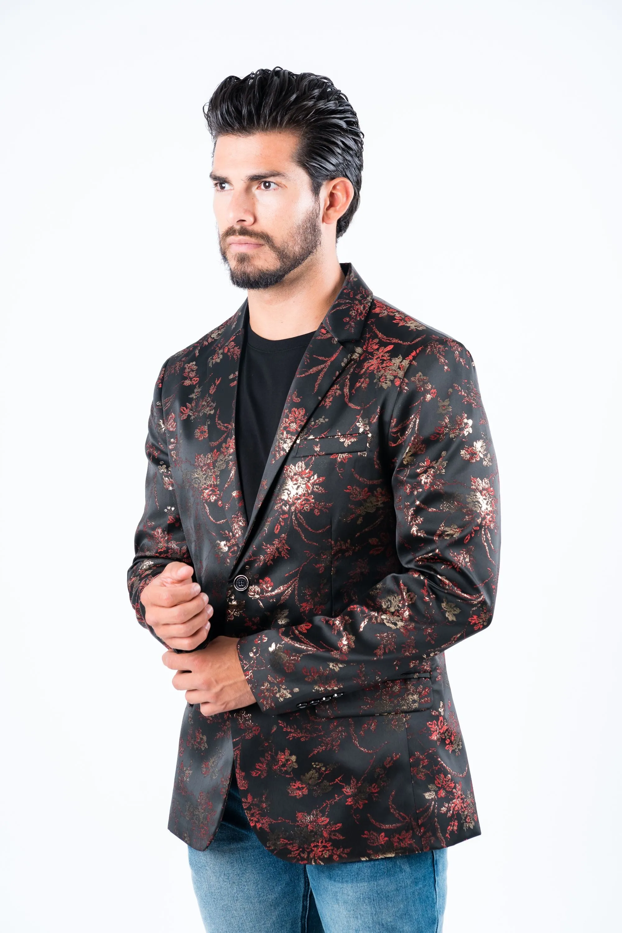 Men's Double Button Red Flowers Print Blazer