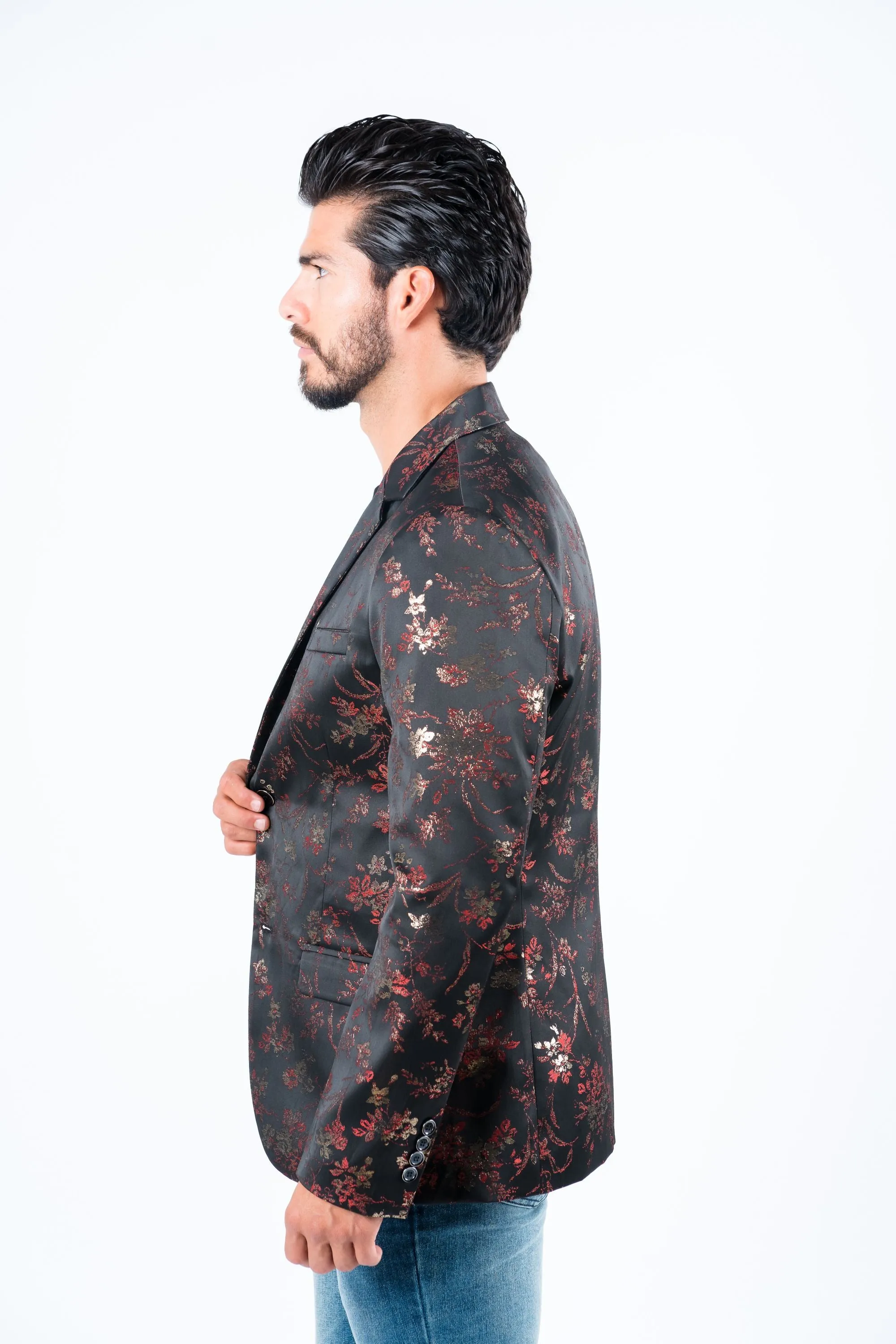 Men's Double Button Red Flowers Print Blazer