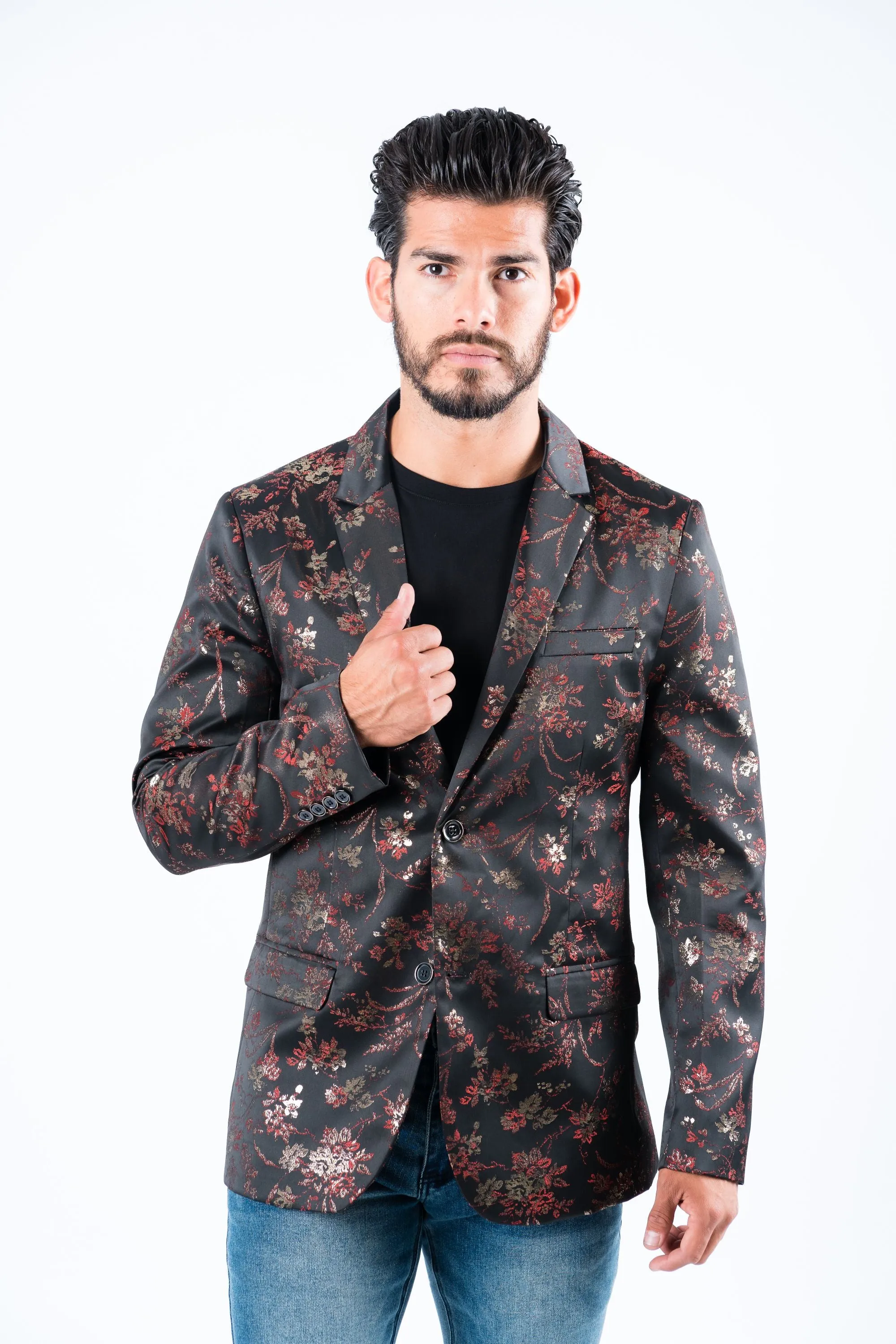 Men's Double Button Red Flowers Print Blazer