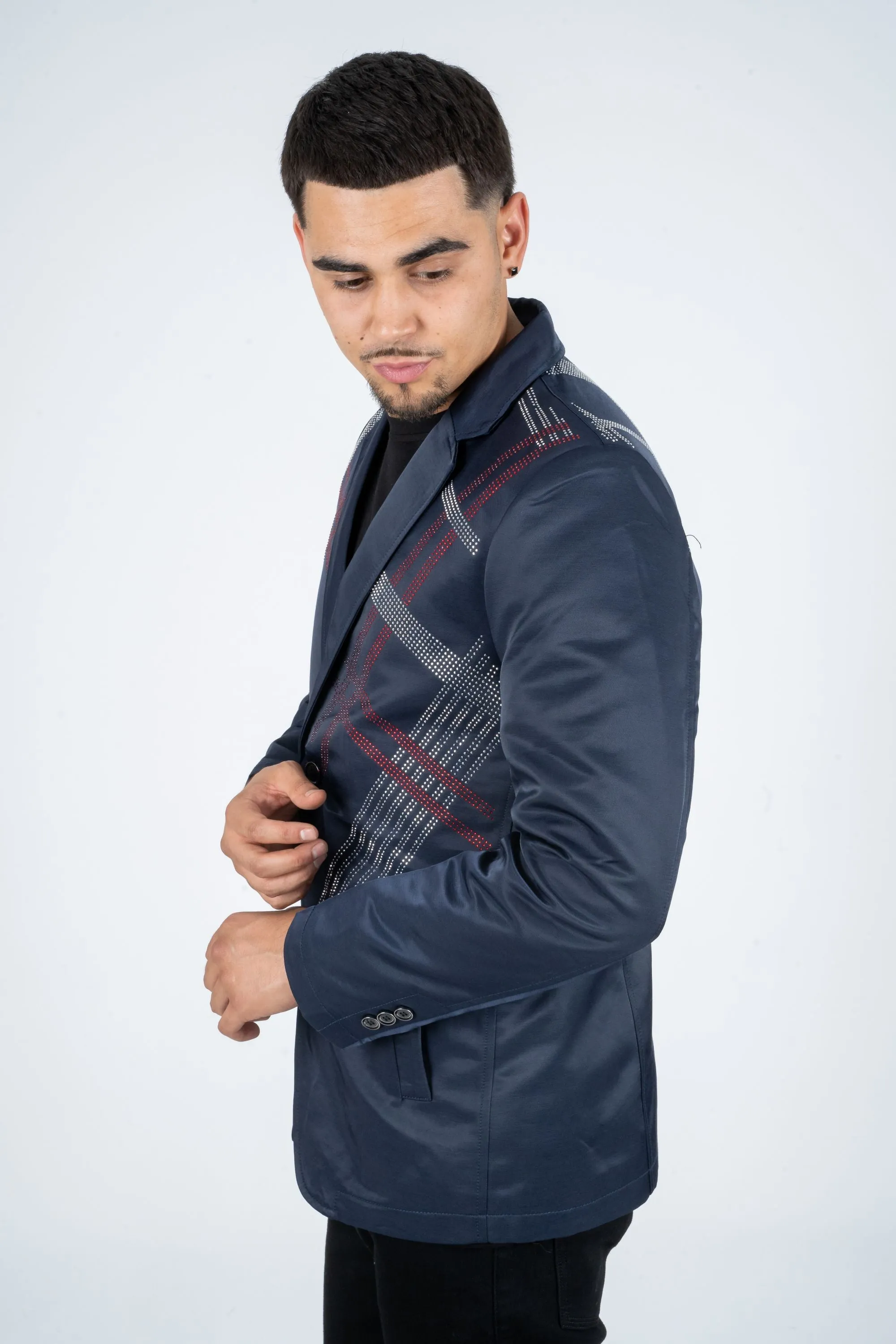 Men's Double Button Rhinestone Navy Blazer