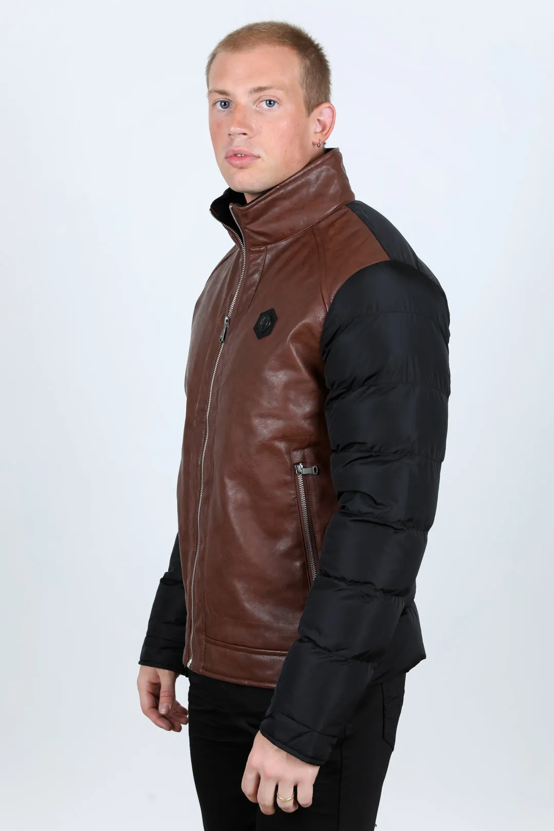 Mens Faux Leather Coat - Cognac/Black