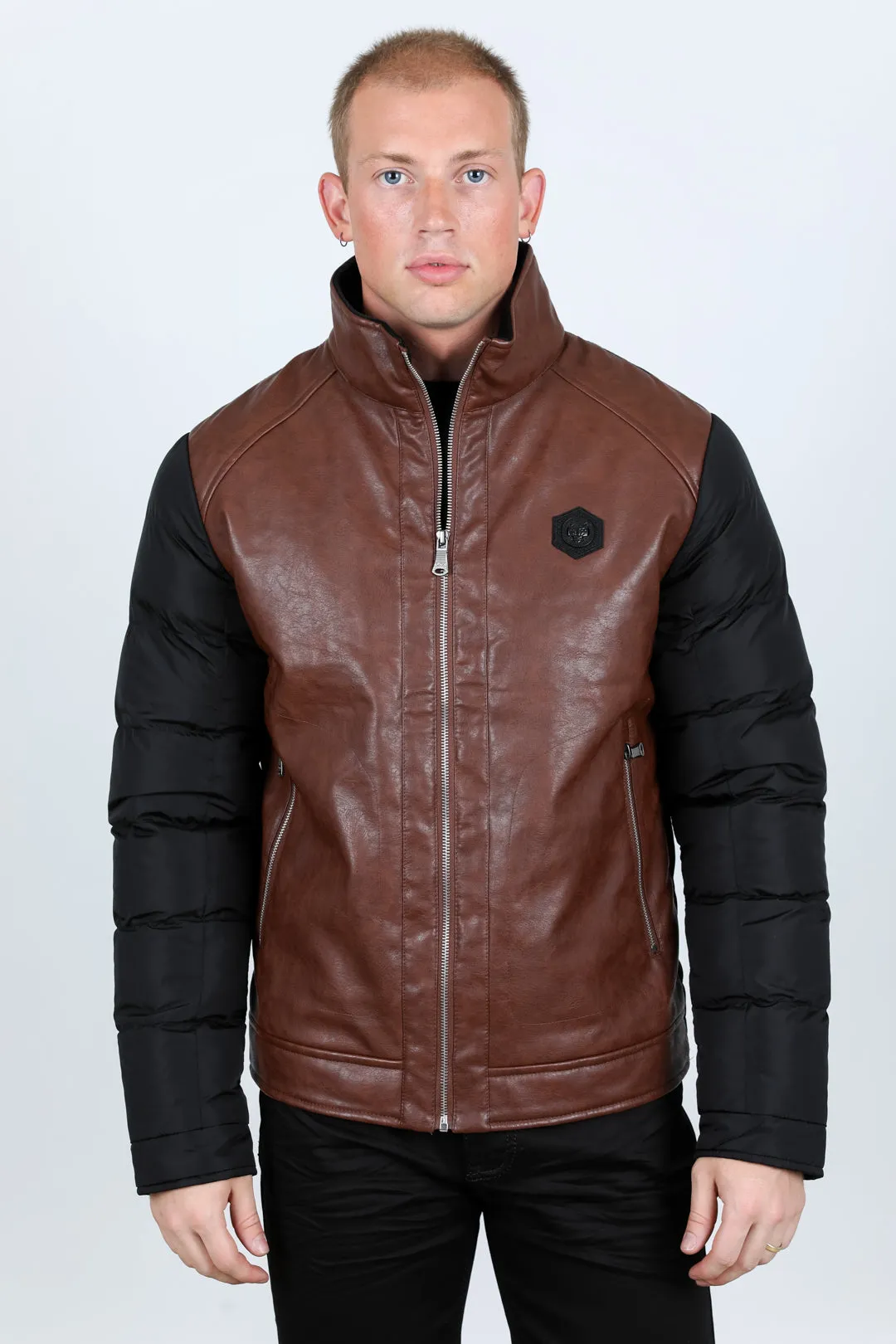 Mens Faux Leather Coat - Cognac/Black