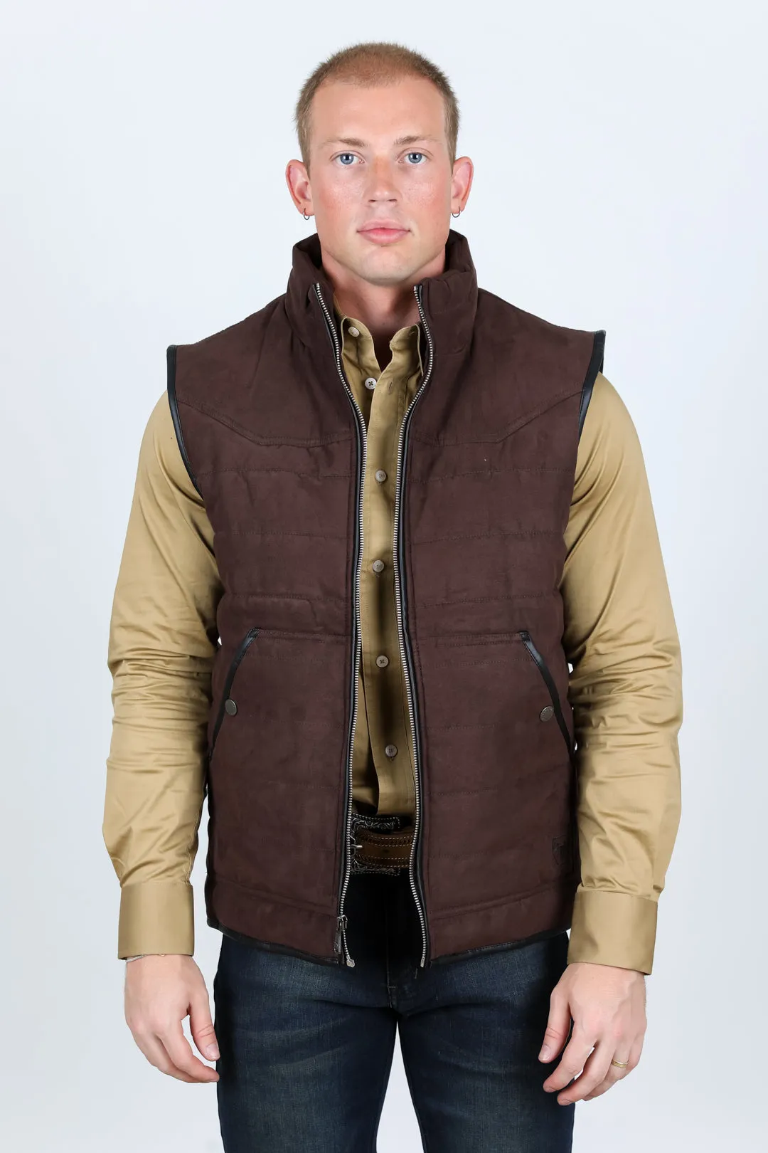 Men's Fur Lined Quilted Faux Suede Vest - Dark Brown