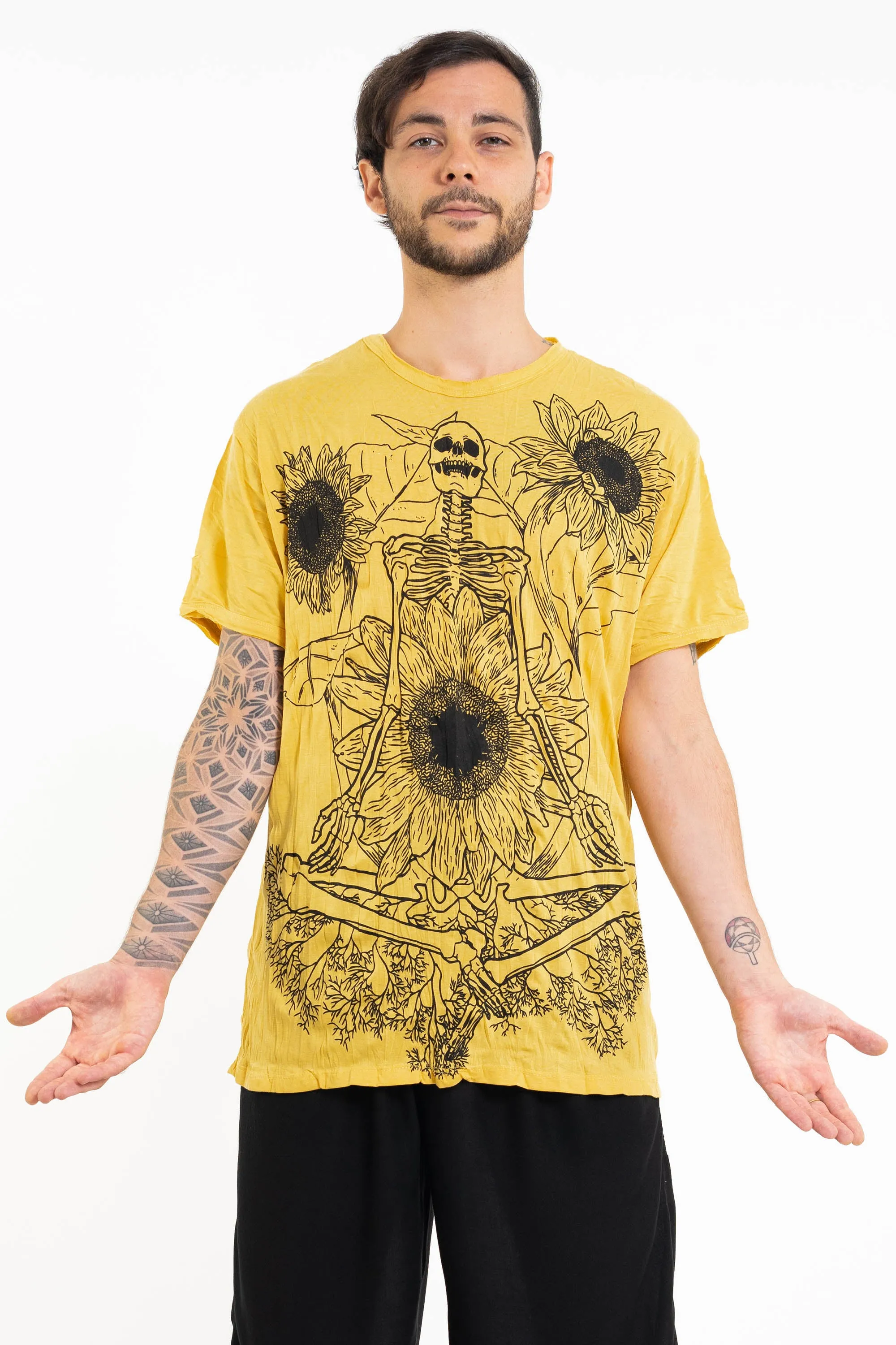 Mens Sunflower Skull T-Shirt in Yellow