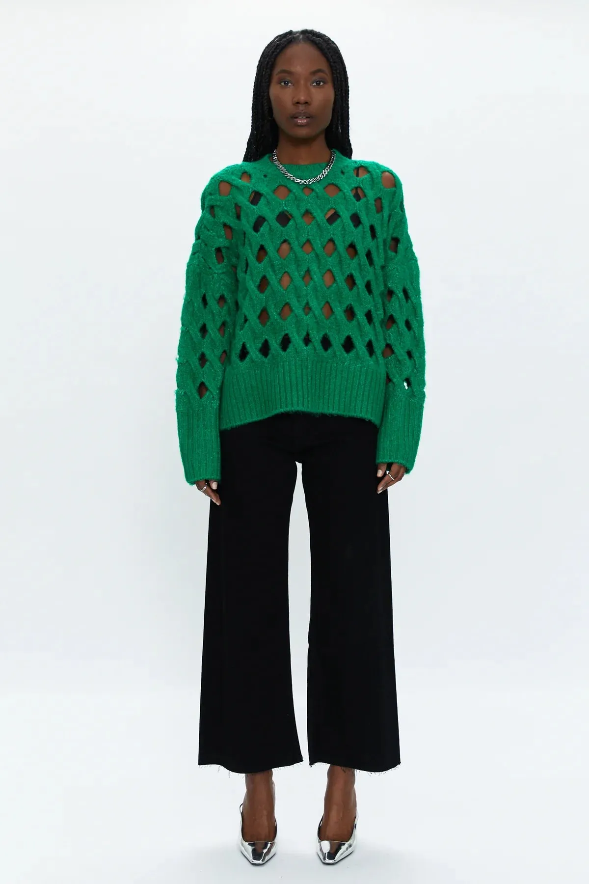 PIS DARYA OPEN KNIT PULLOVER SWEATER EVERGREEN