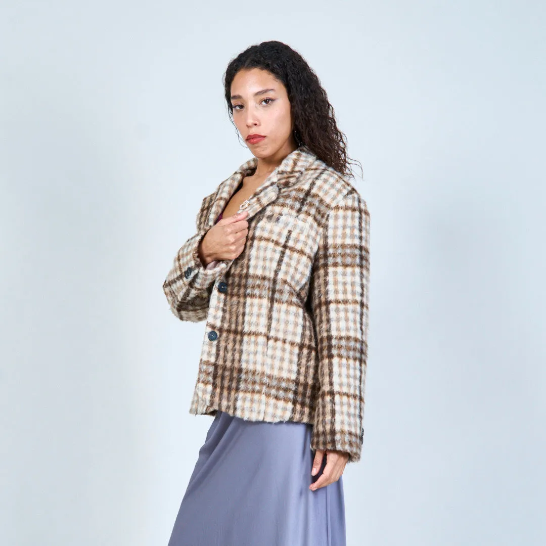 Plaid patterned blazer with button detail wholesale