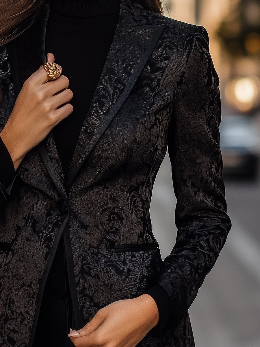 Refined Black Blazer with Luxurious Jacquard Detailing