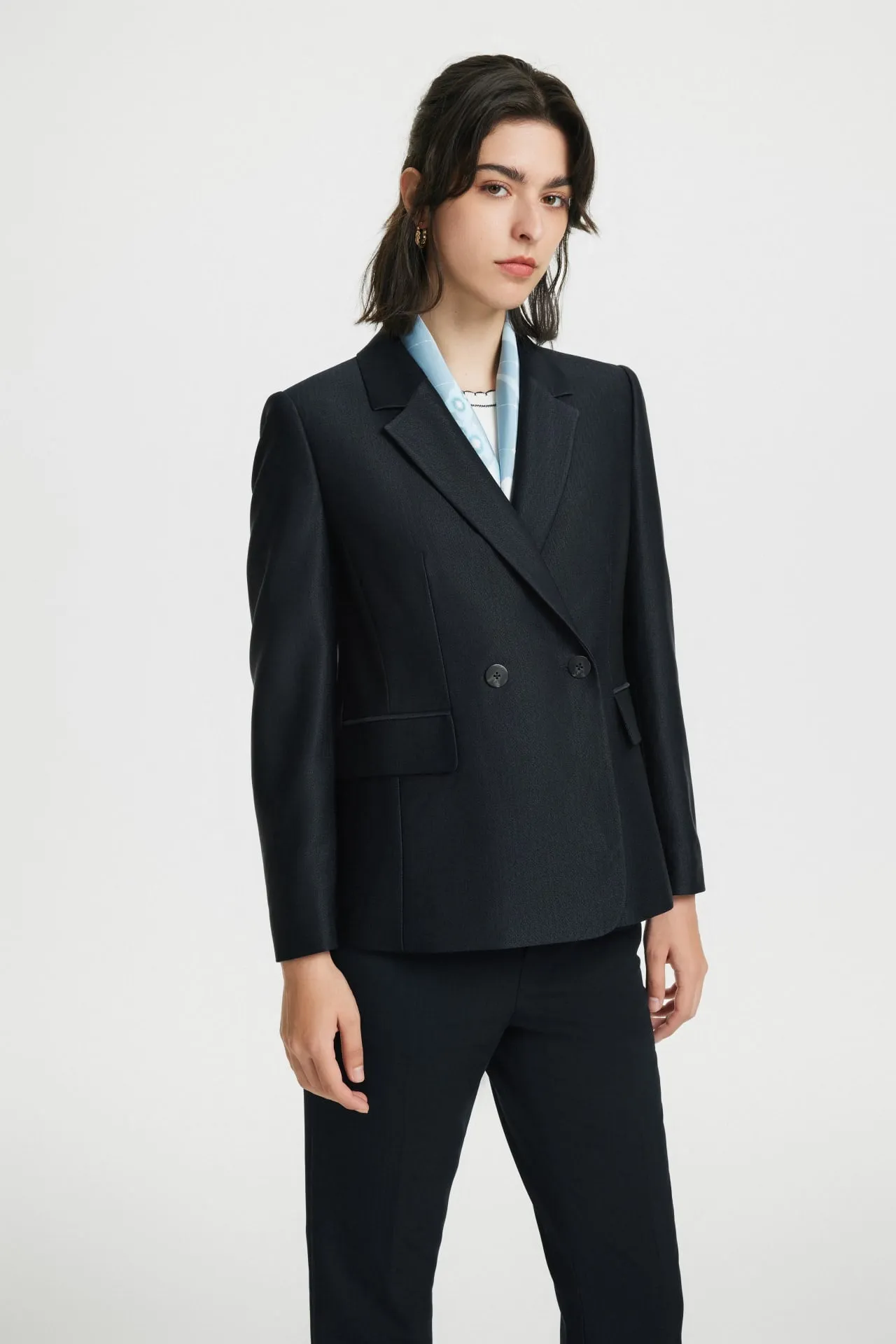 Sofia Soft Touch Stretchable Herringbone Suit Blazer with Check Scarf