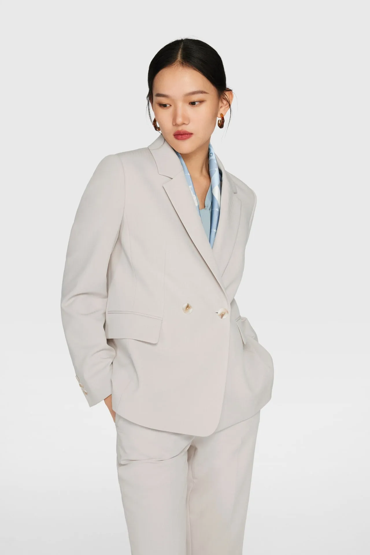 Sofia Soft Touch Stretchable Herringbone Suit Blazer with Check Scarf