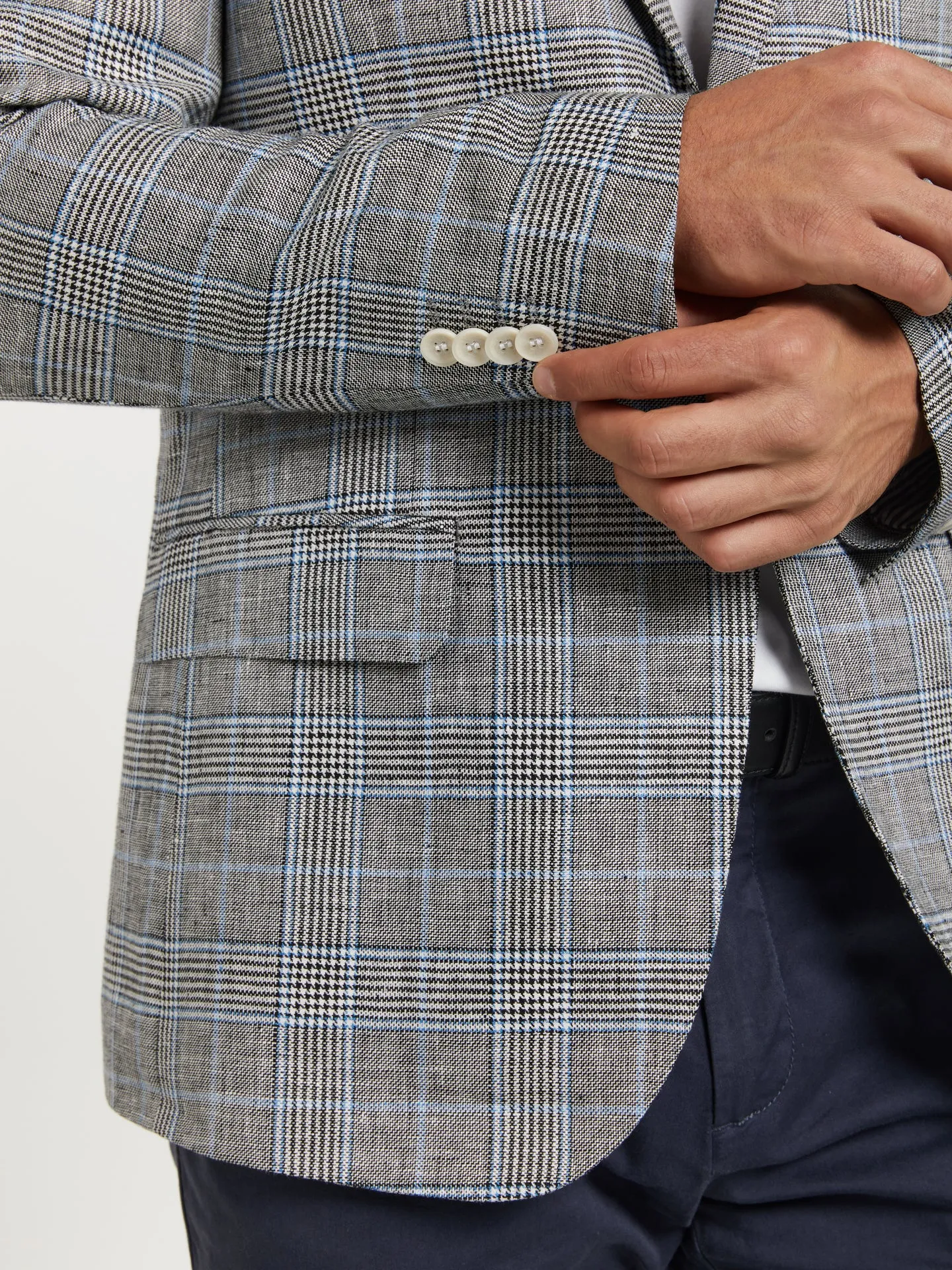 Unstructured glen plaid linen blazer