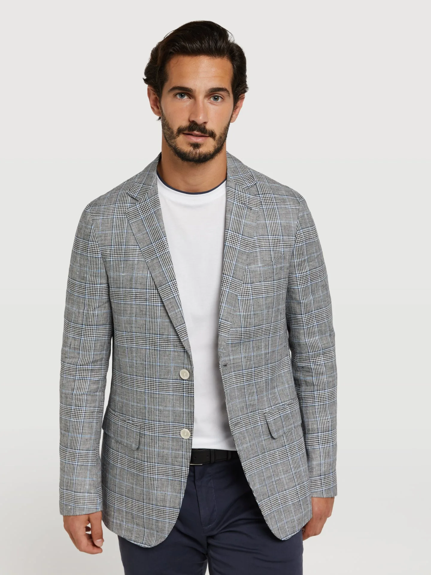 Unstructured glen plaid linen blazer