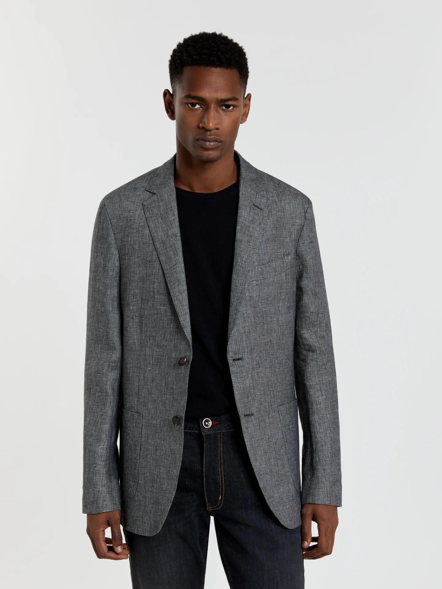 Unstructured plain hopsack linen blazer