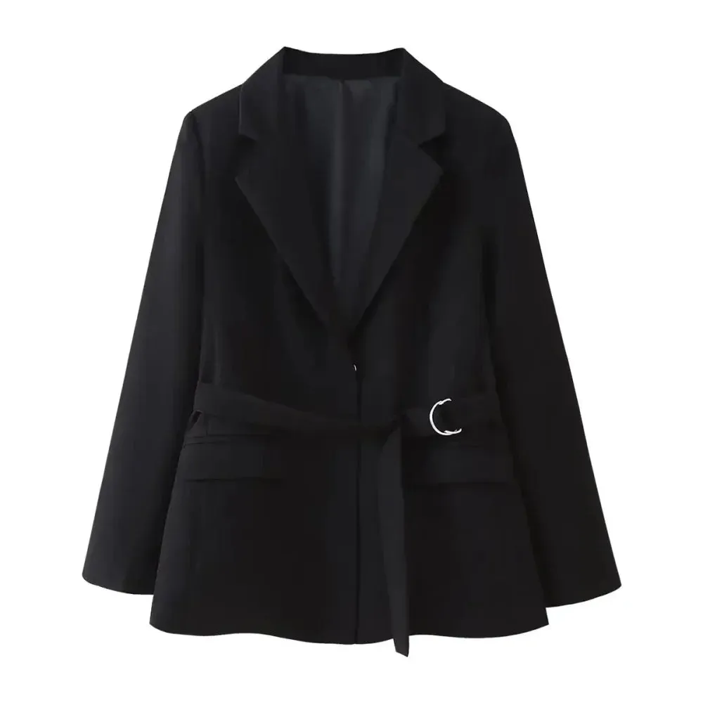 Wenkouban-Winter outfits Christmas Black Friday Lapel Collar Metal Belt Suit Jacket with Belt