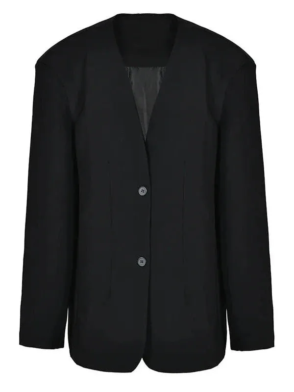 Wenkouban-Winter outfits Christmas Black Friday V-Neck Two Button Oversized Black Blazer Jacket