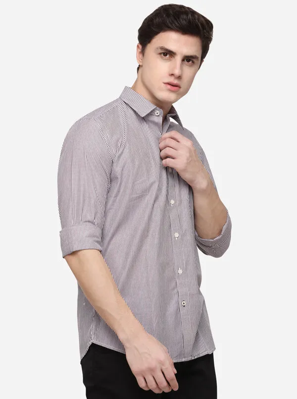 White & Brown Regular Fit Striped Casual Shirt | Greenfibre