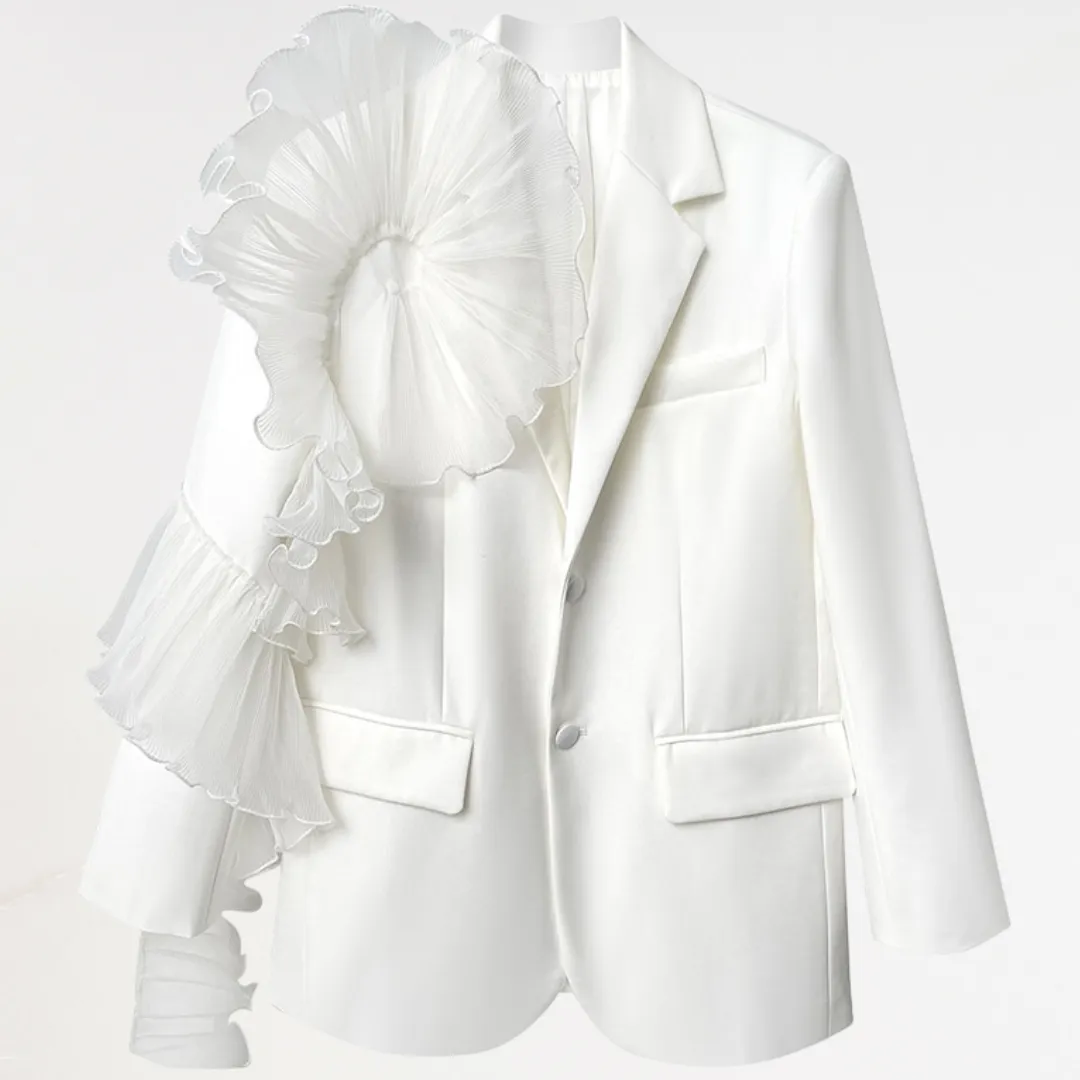 White Ruffle Embellished Pocket Blazer