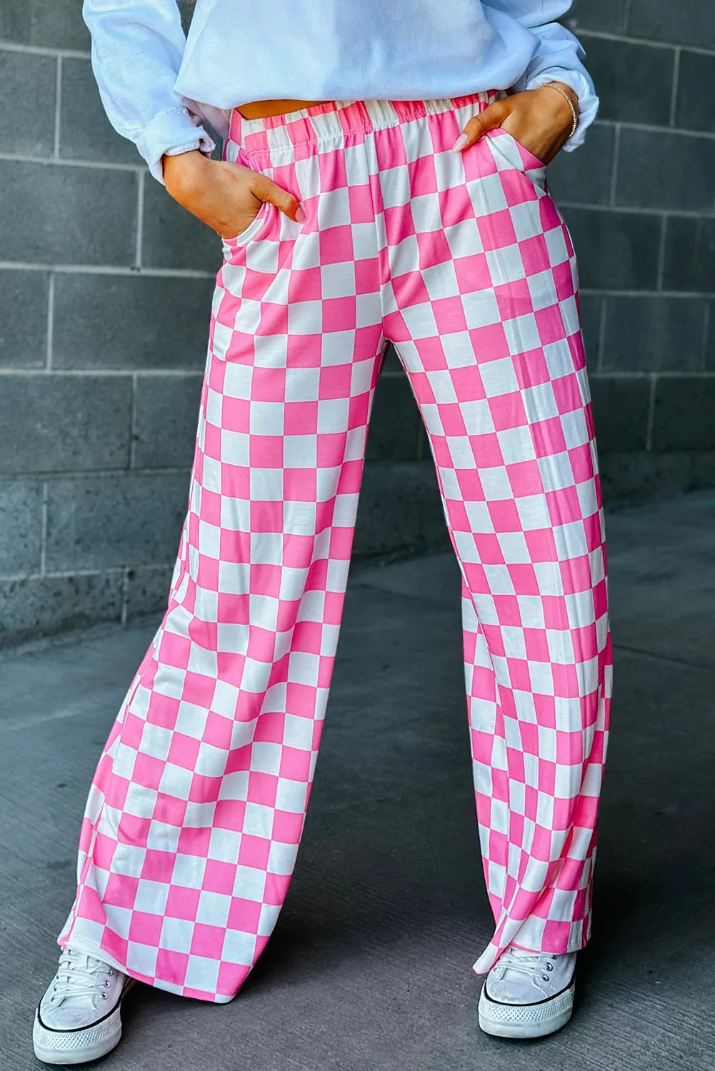 Women 2-Tone Checked Print High Waist Wide Leg Pants