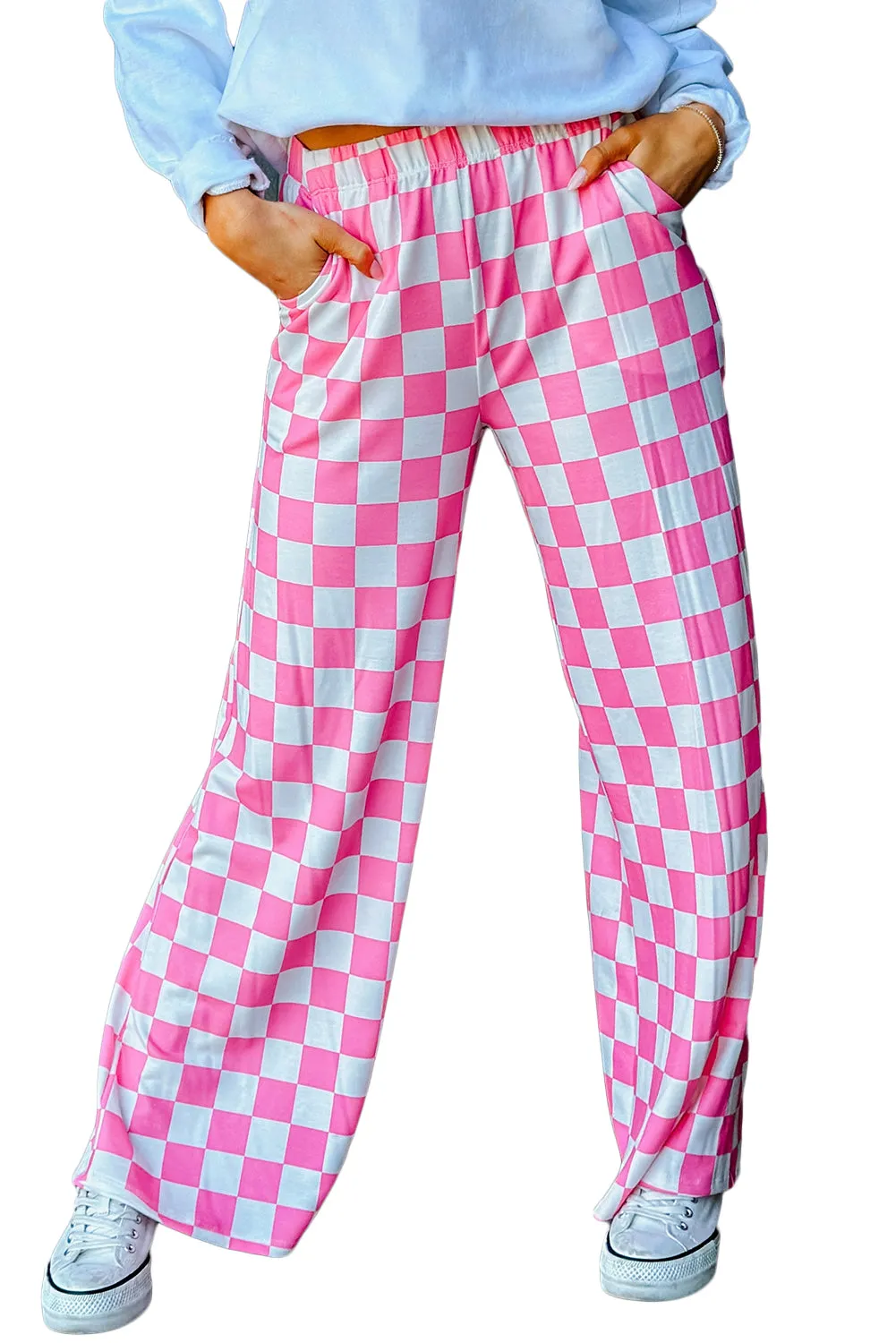 Women 2-Tone Checked Print High Waist Wide Leg Pants