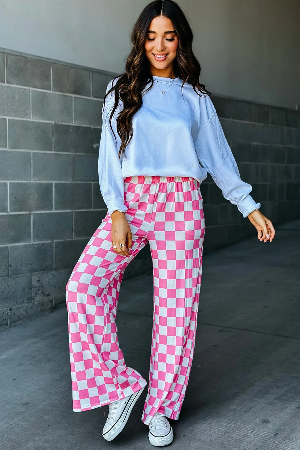 Women 2-Tone Checked Print High Waist Wide Leg Pants