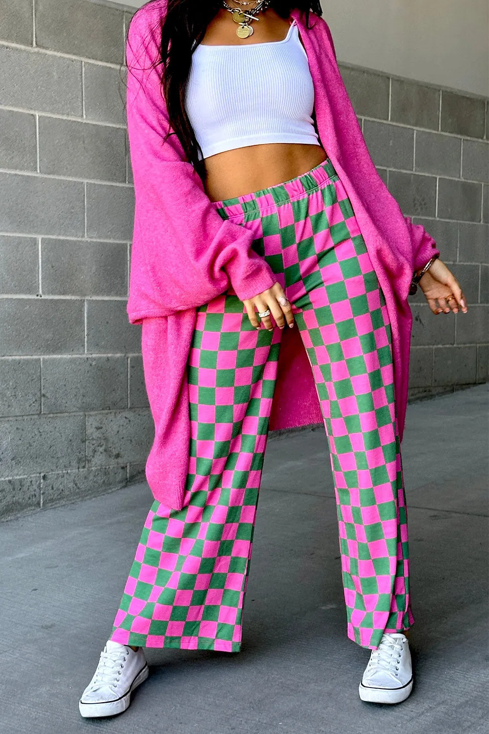 Women 2-Tone Checked Print High Waist Wide Leg Pants