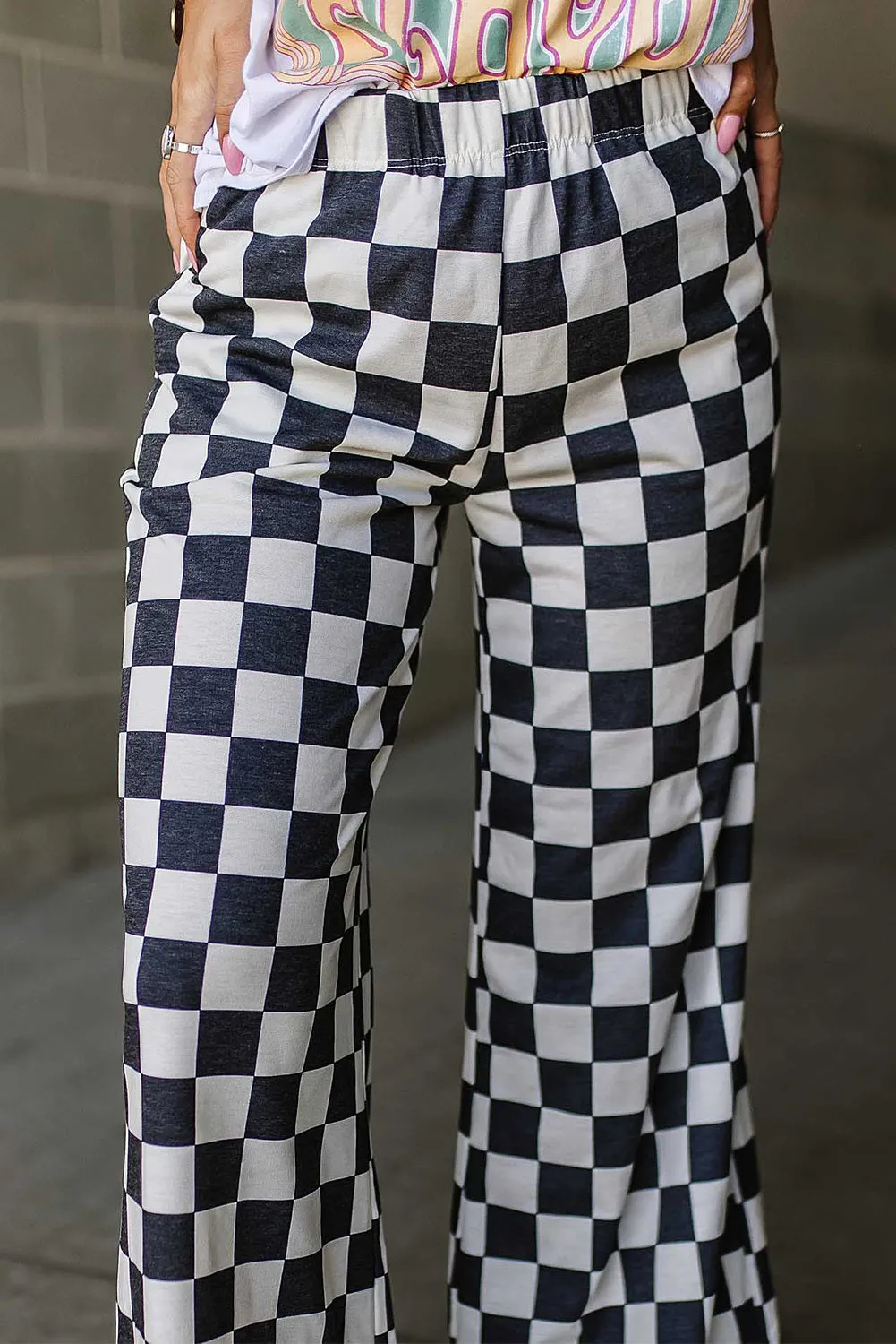 Women 2-Tone Checked Print High Waist Wide Leg Pants